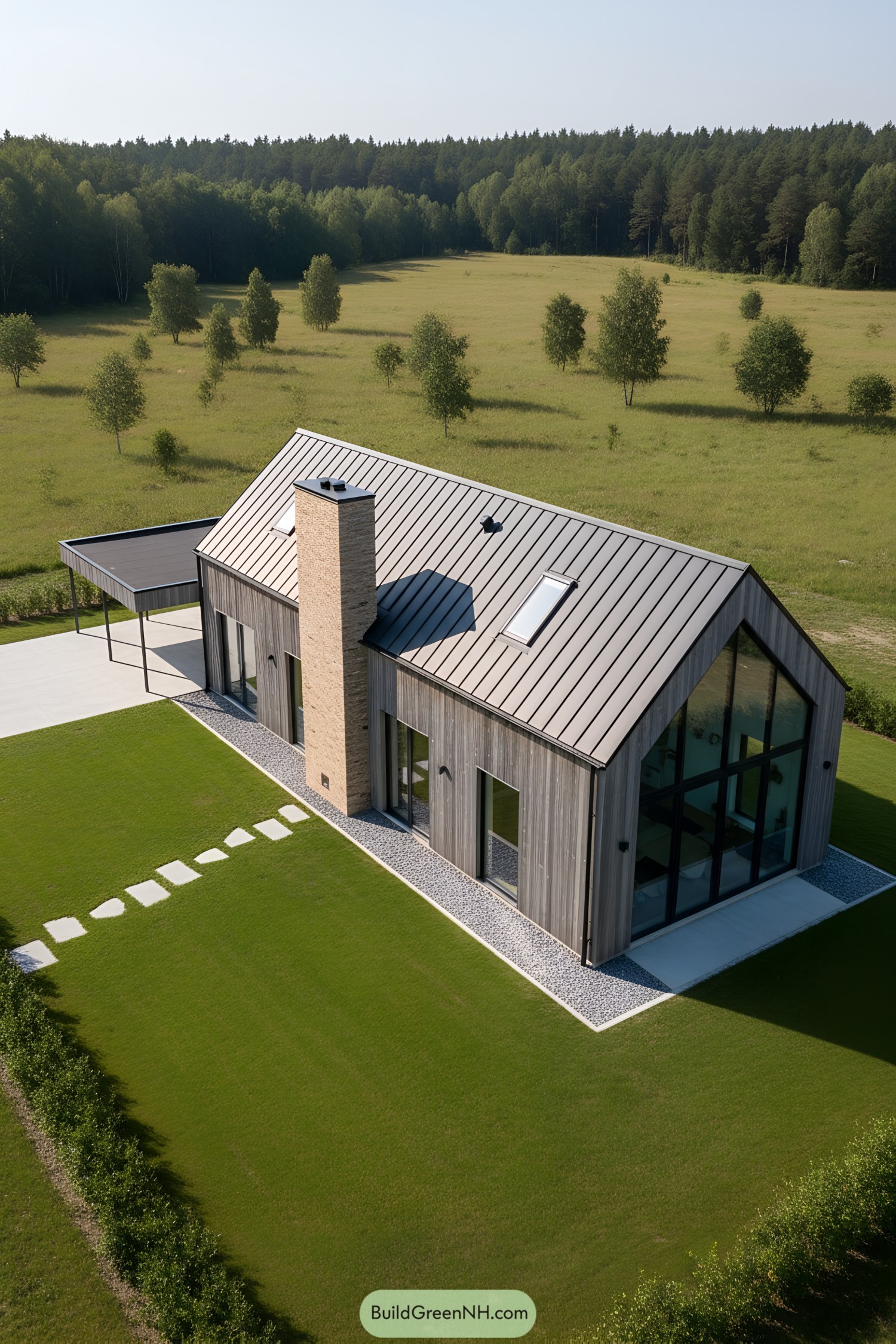 Nordic barn house with glass gable and metal roof