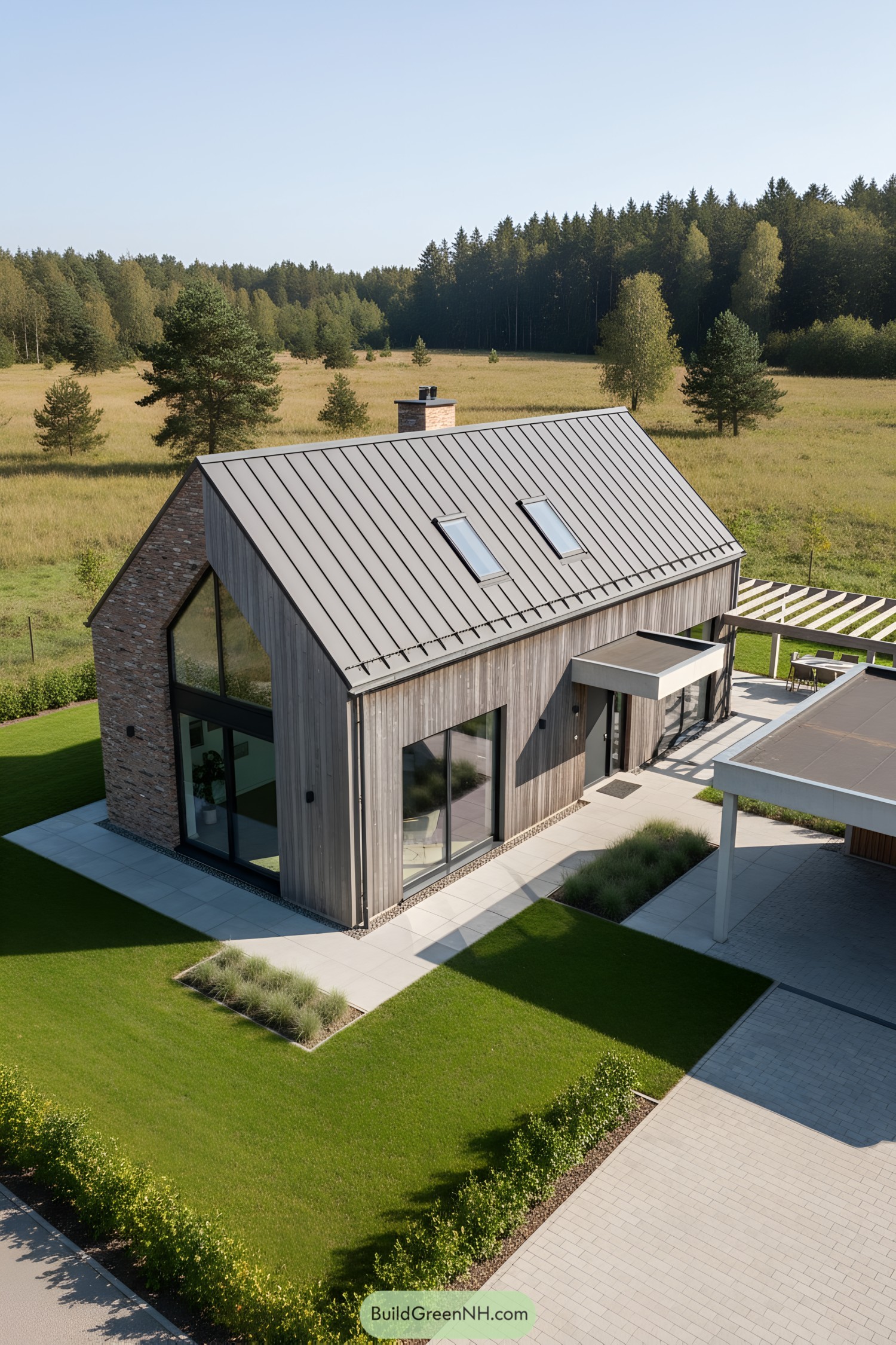 Modern barn house with zinc gable roof, vertical timber cladding, and large glass openings beside a pergola and carport