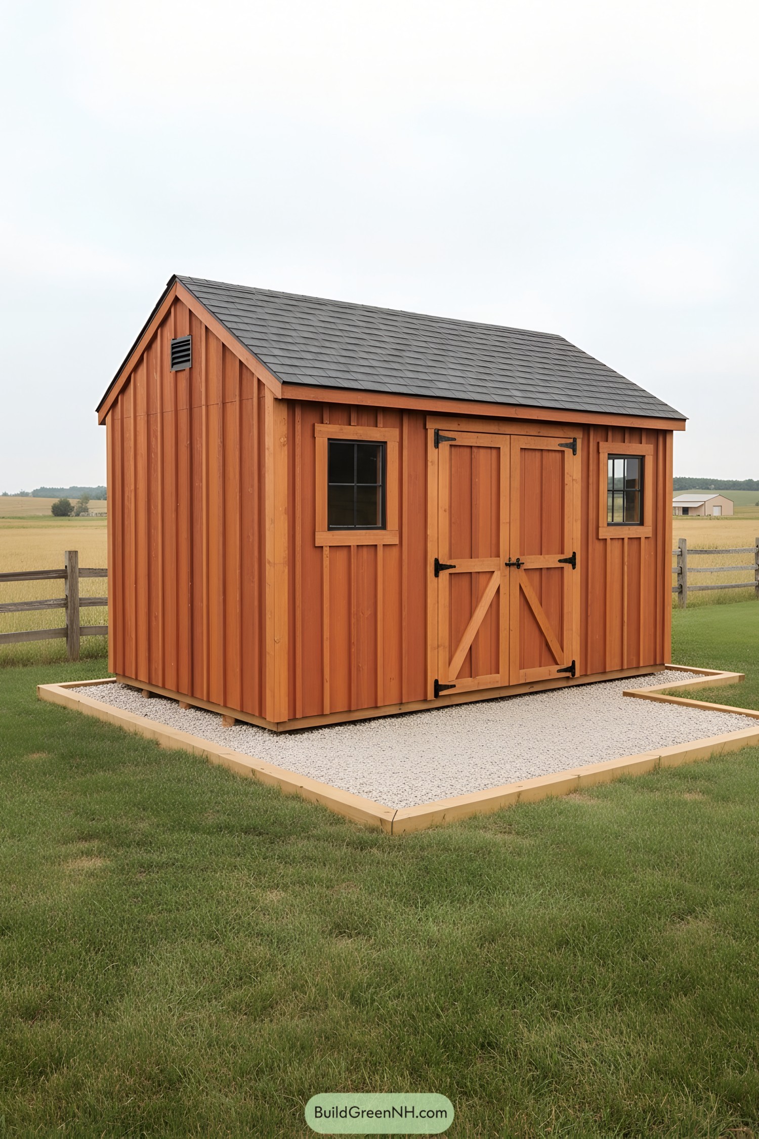 Compact cedar shed with gable roof and double barn doors on a gravel pad