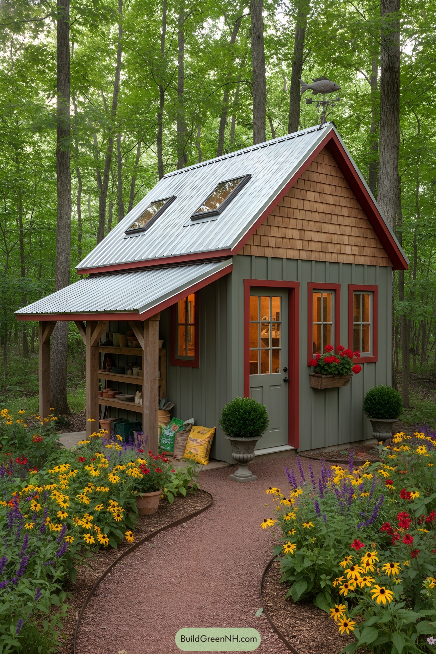 Small rustic shed with metal roof and skylights, shingled gable, and side lean-to in a woodland garden