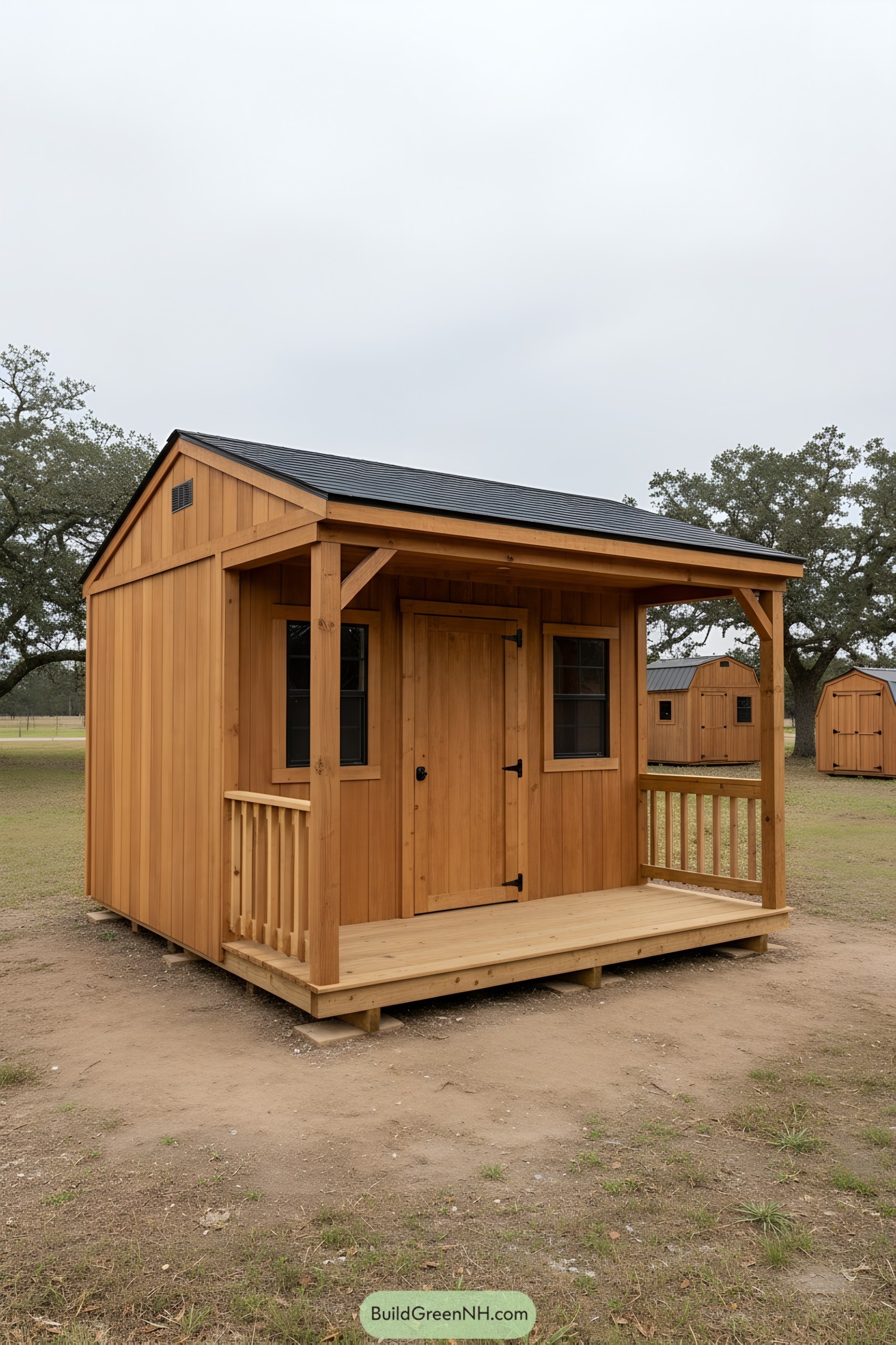 Small cedar shed with porch and gable roof