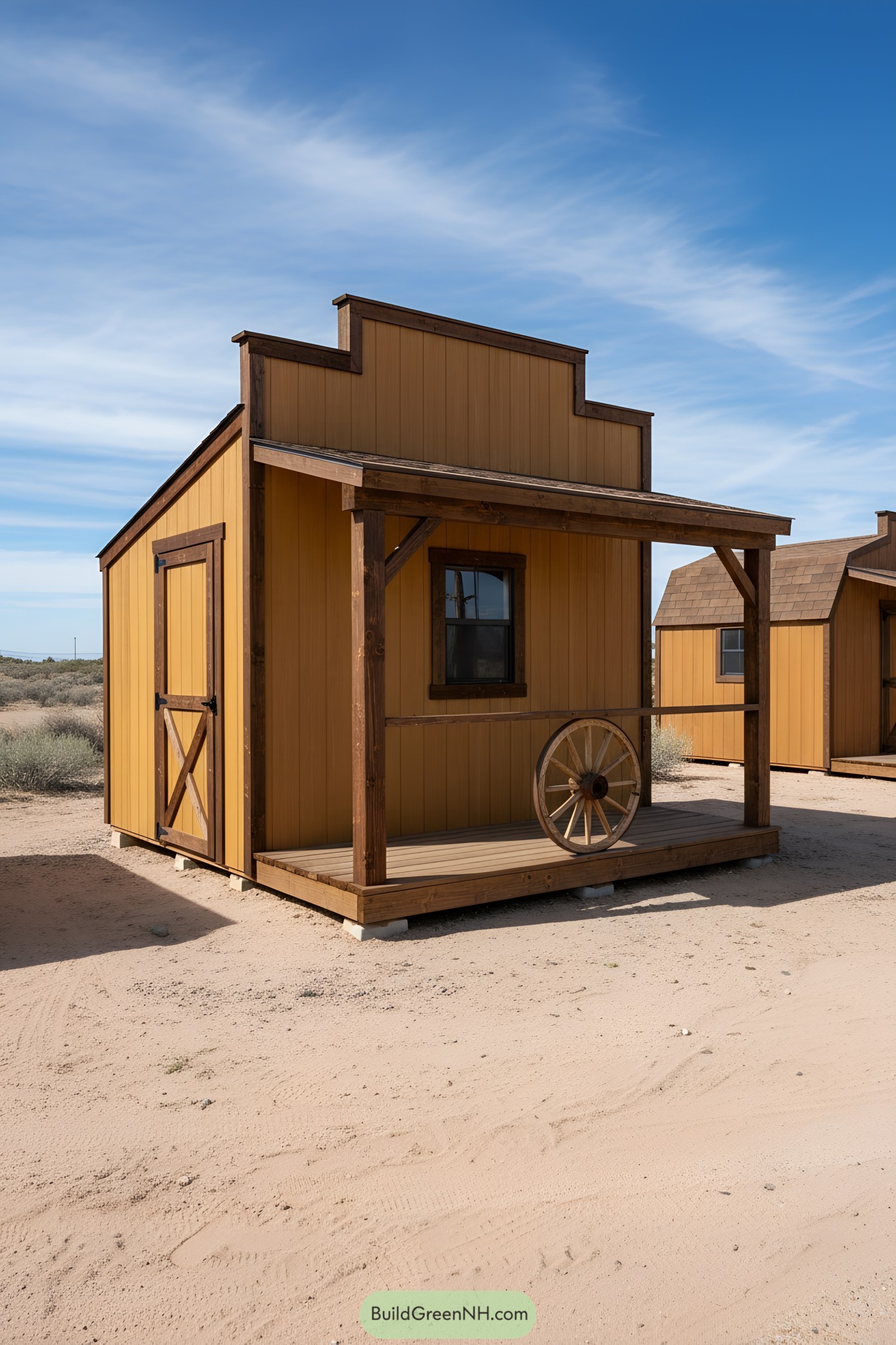 Small mustard-yellow shed with porch and wagon wheel