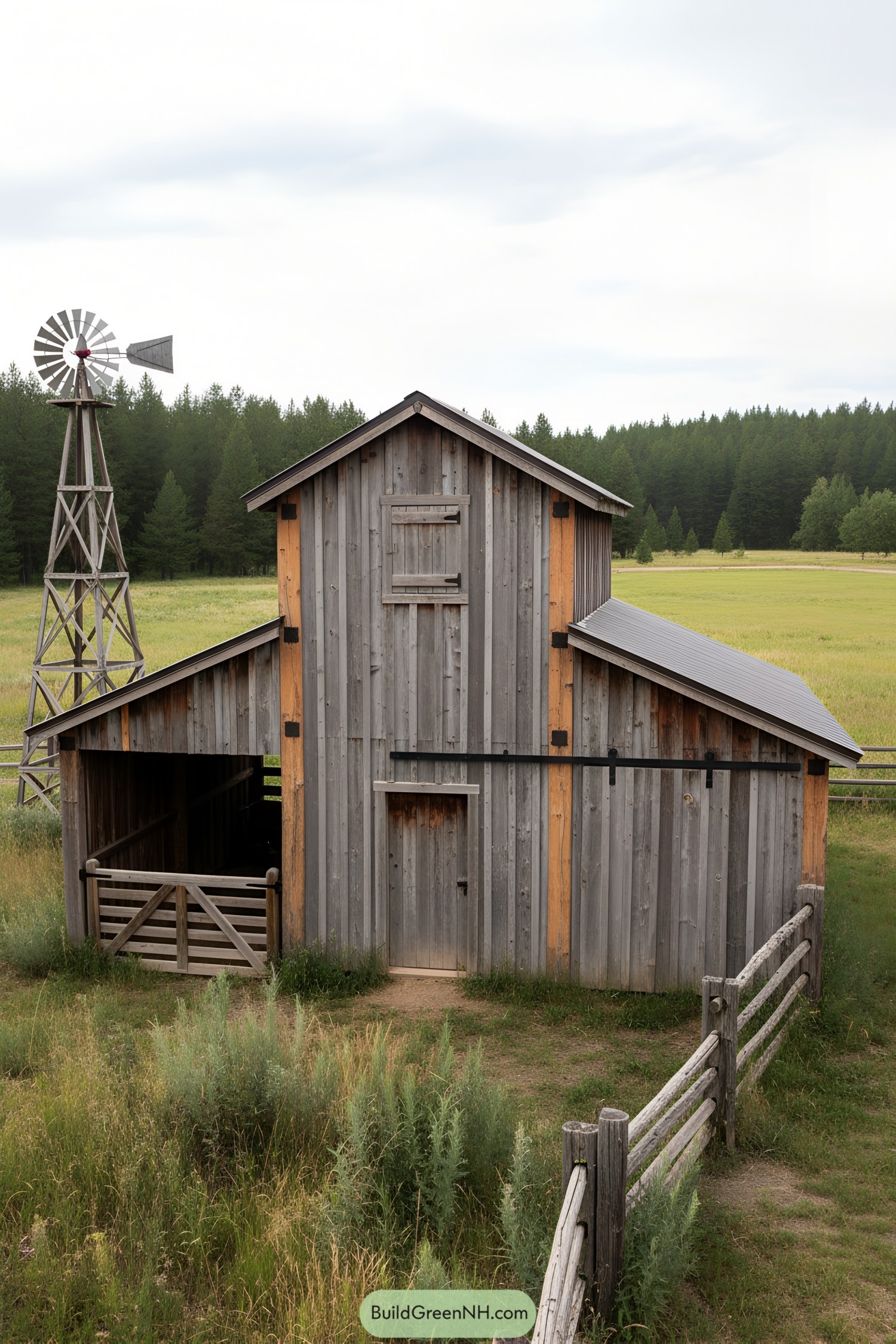Rustic barn-style shed with weathered gray boards, lean-to wings, and nearby windmill in open field