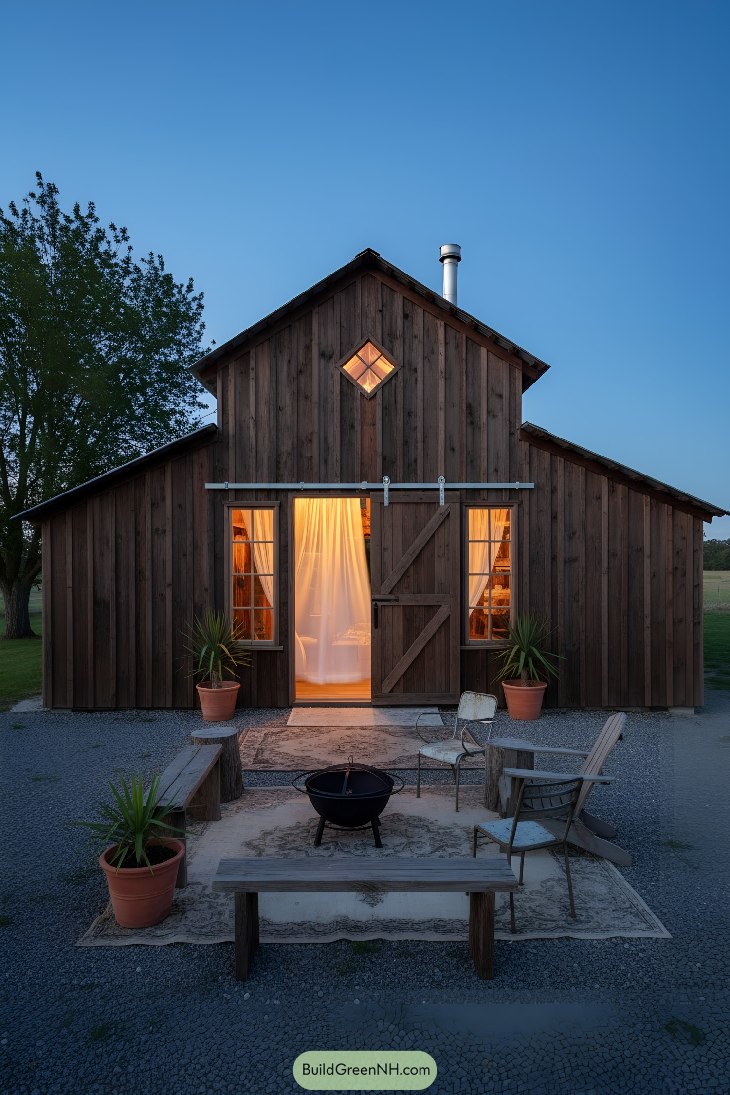 Rustic wooden shed with warm-lit windows and a central barn door at dusk