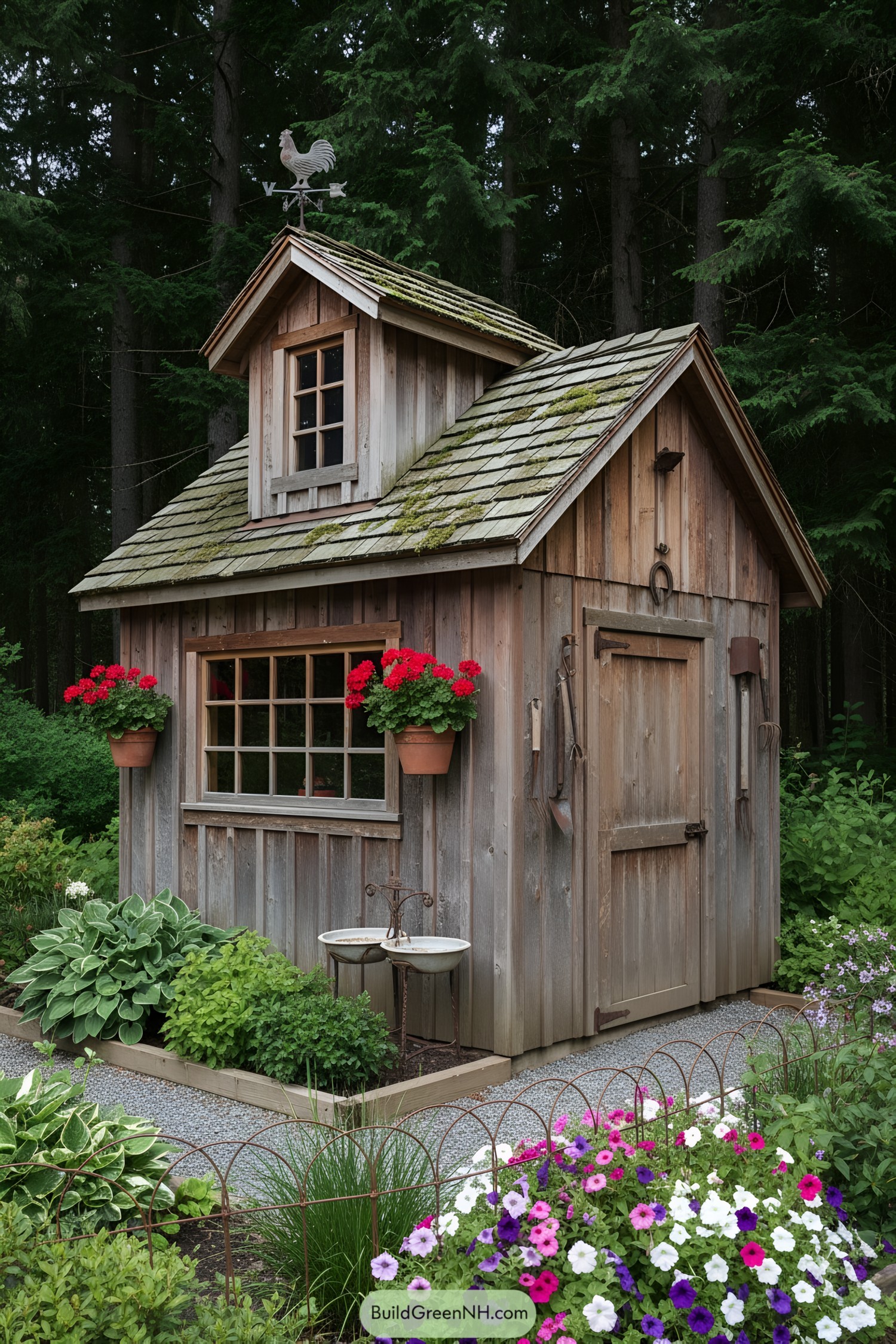 Small rustic shed with dormer and window boxes