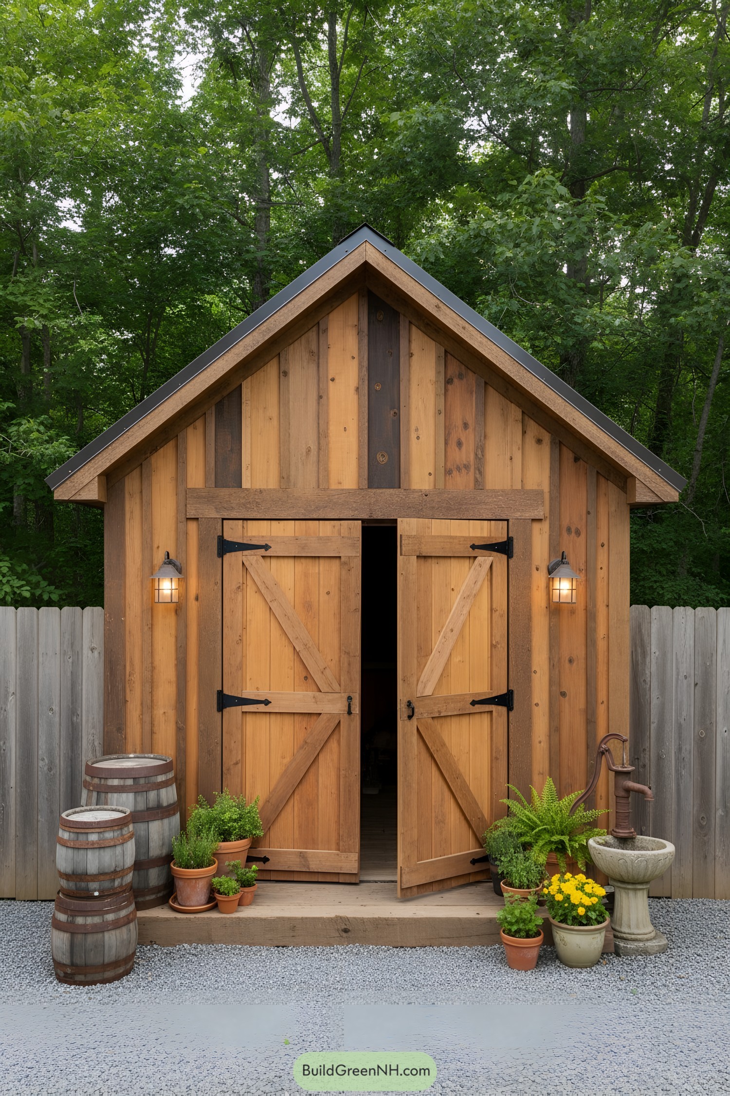 Rustic wooden shed with gable roof