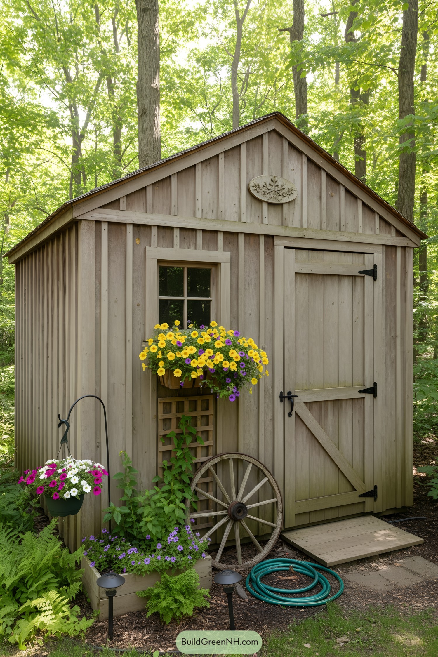Rustic board-and-batten shed with flowers