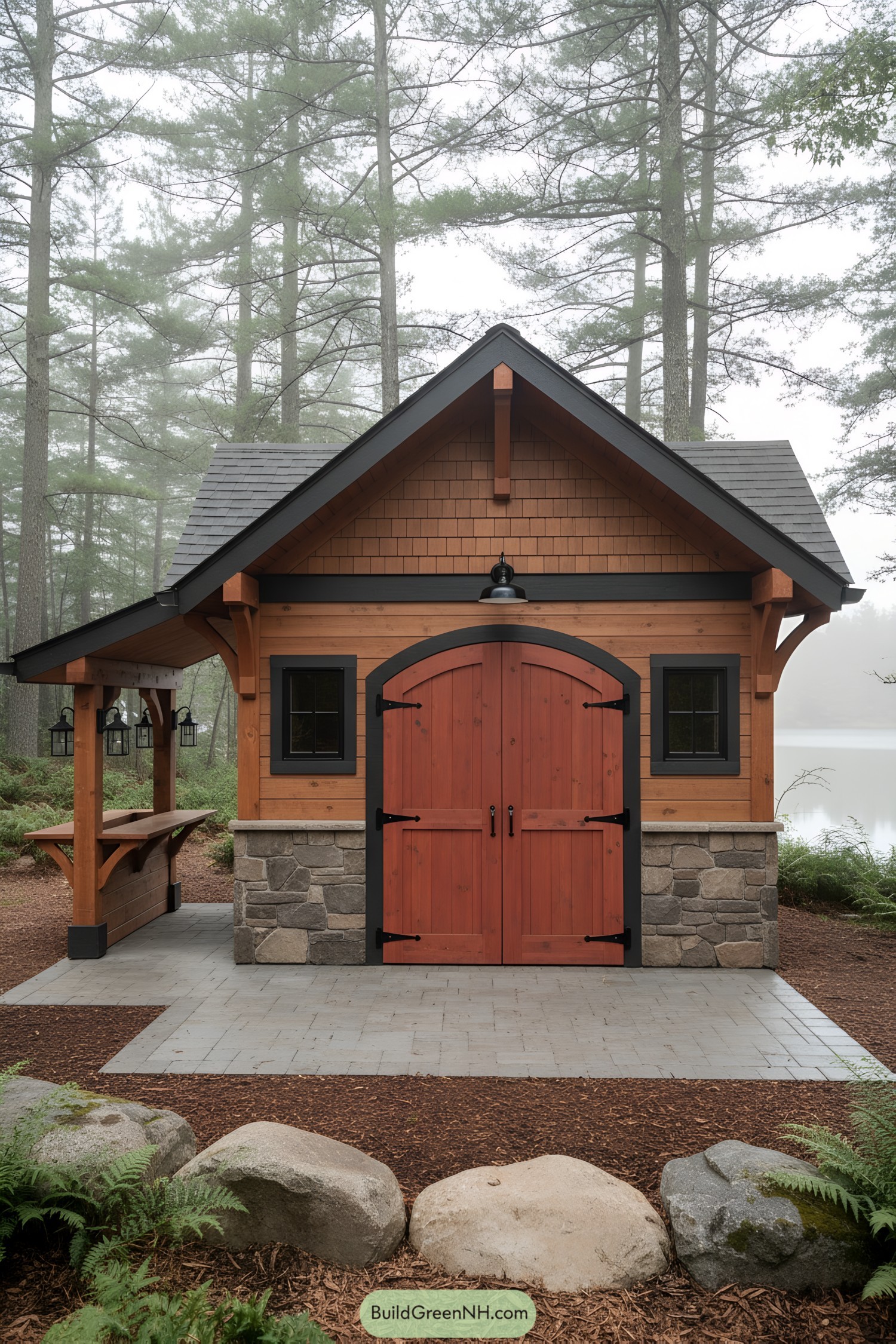Rustic shed with arched red doors