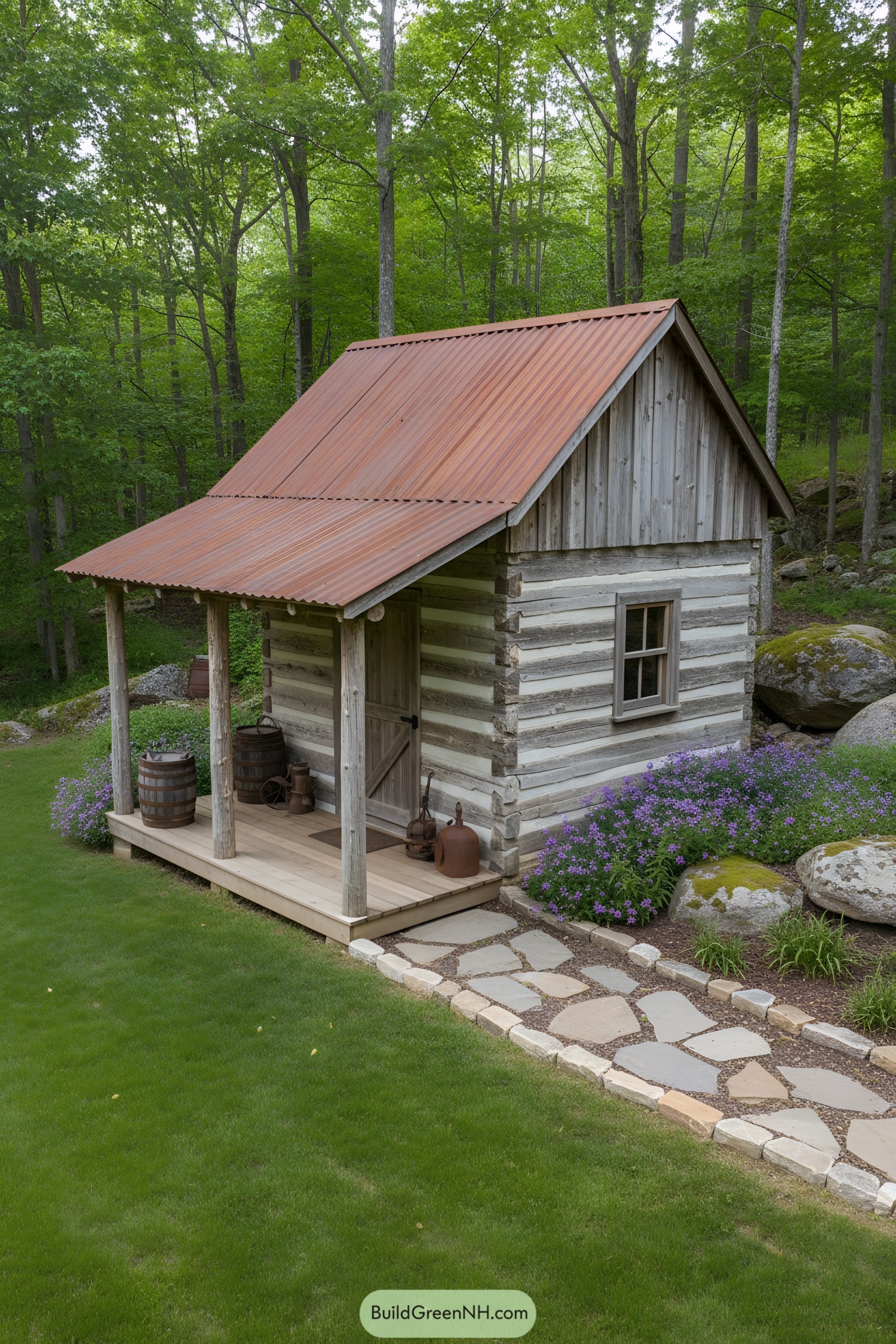 Small log-cabin shed with corrugated metal roof and front porch in a wooded garden