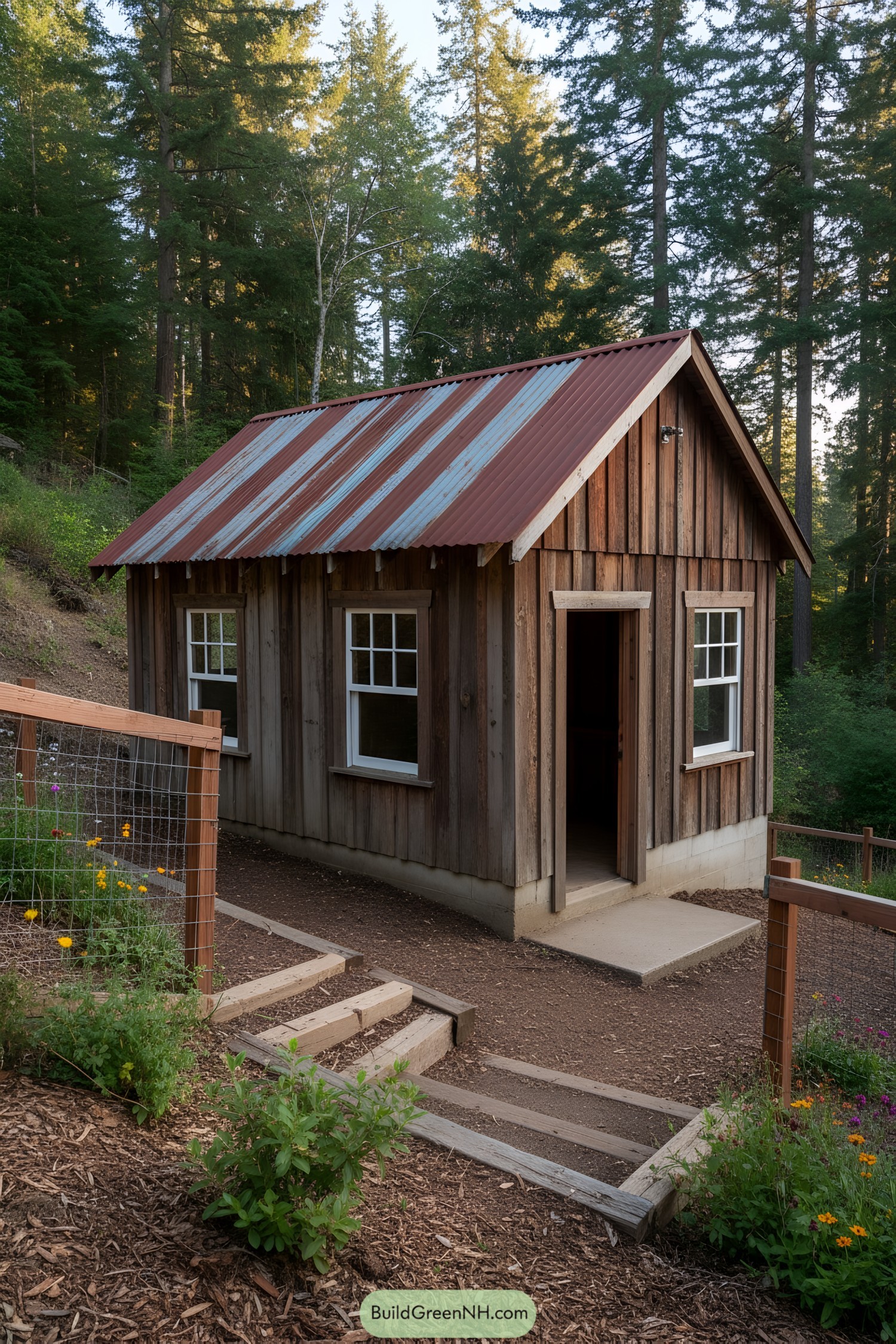 Rustic wood shed with corrugated red-and-silver roof in forest setting