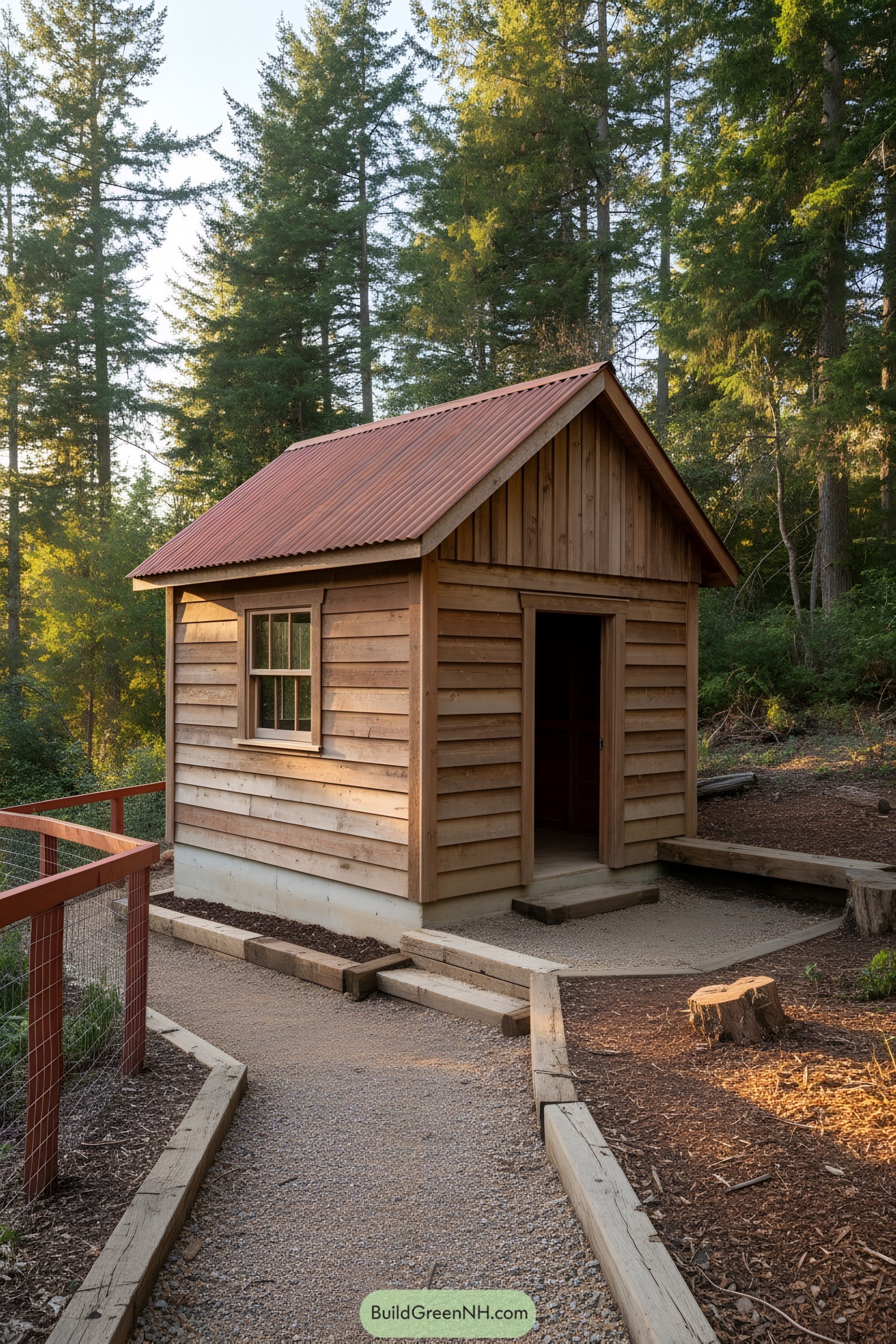 Small wooden shed with corrugated metal roof in a forest clearing