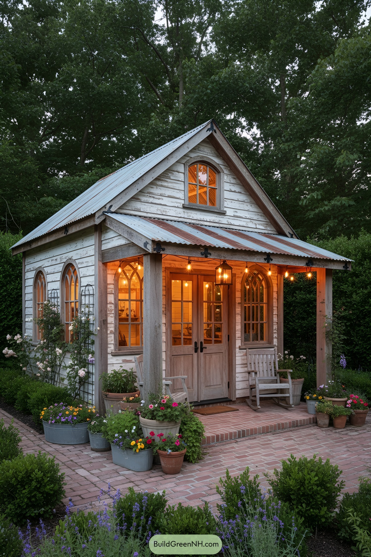 Small cottage-style shed with lit porch