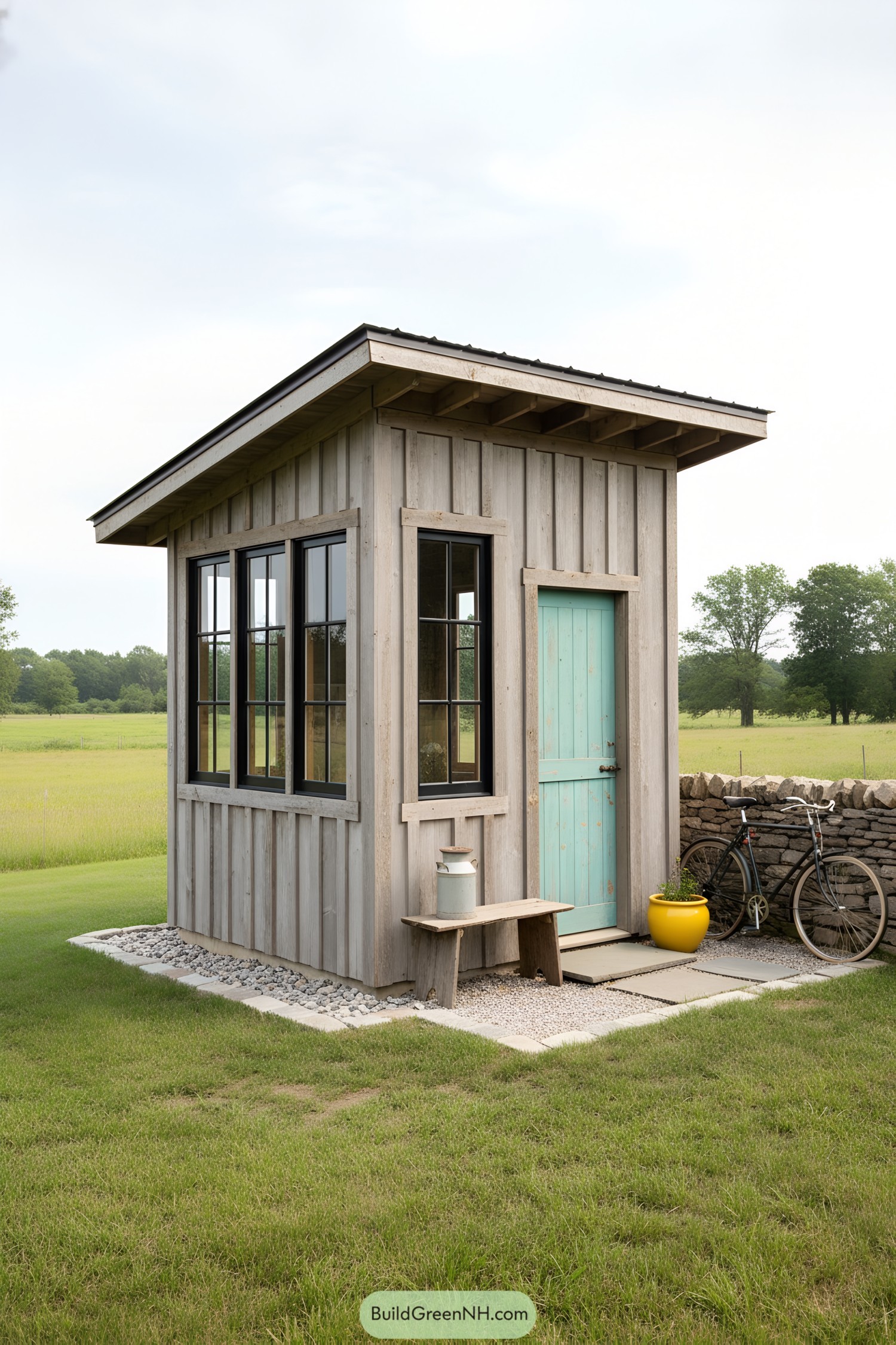 Small board-and-batten shed with turquoise door and black-trim windows on a meadow