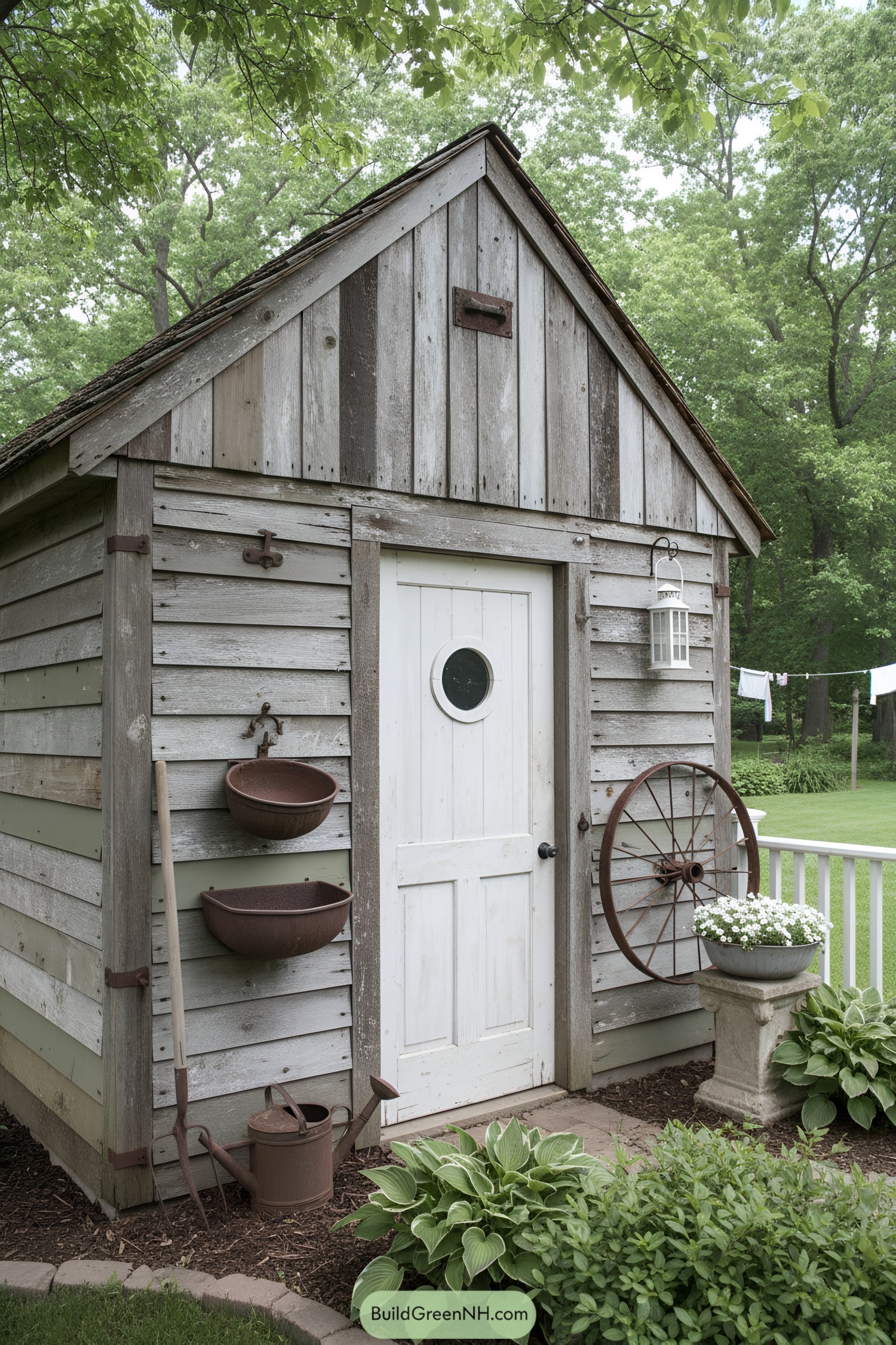 Rustic gray shed with white door and vintage accents