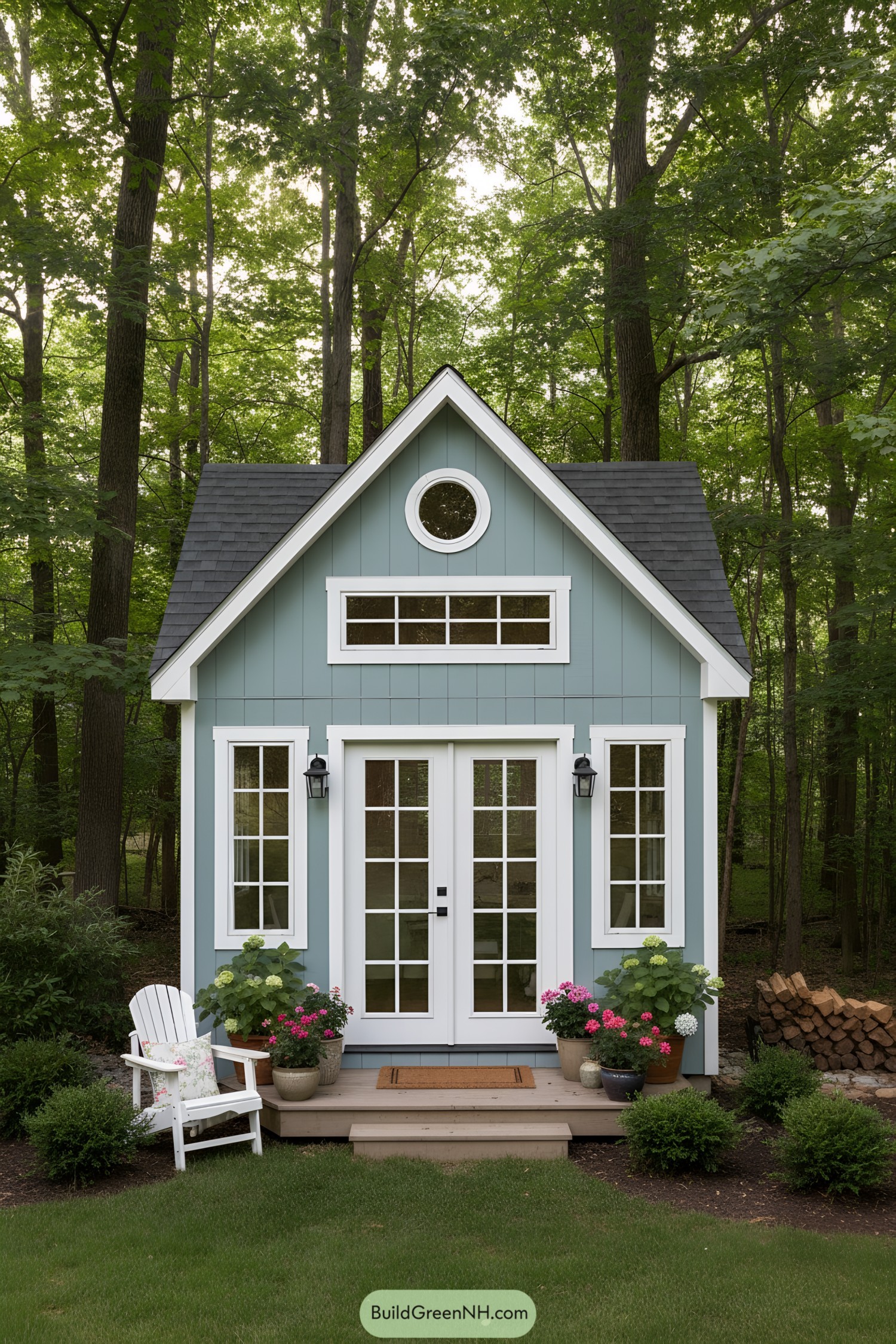 Small blue garden studio with white-trimmed French doors, tall side windows, and a round gable window