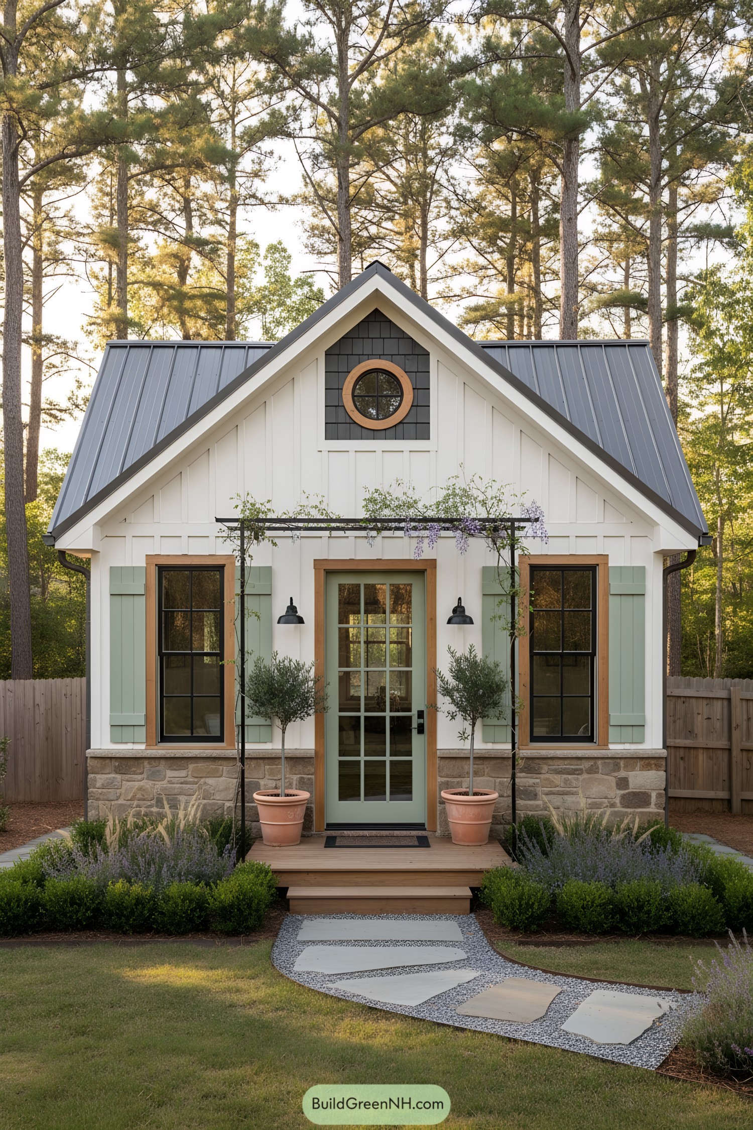 Charming gabled garden office with mint shutters, round window, and stone base