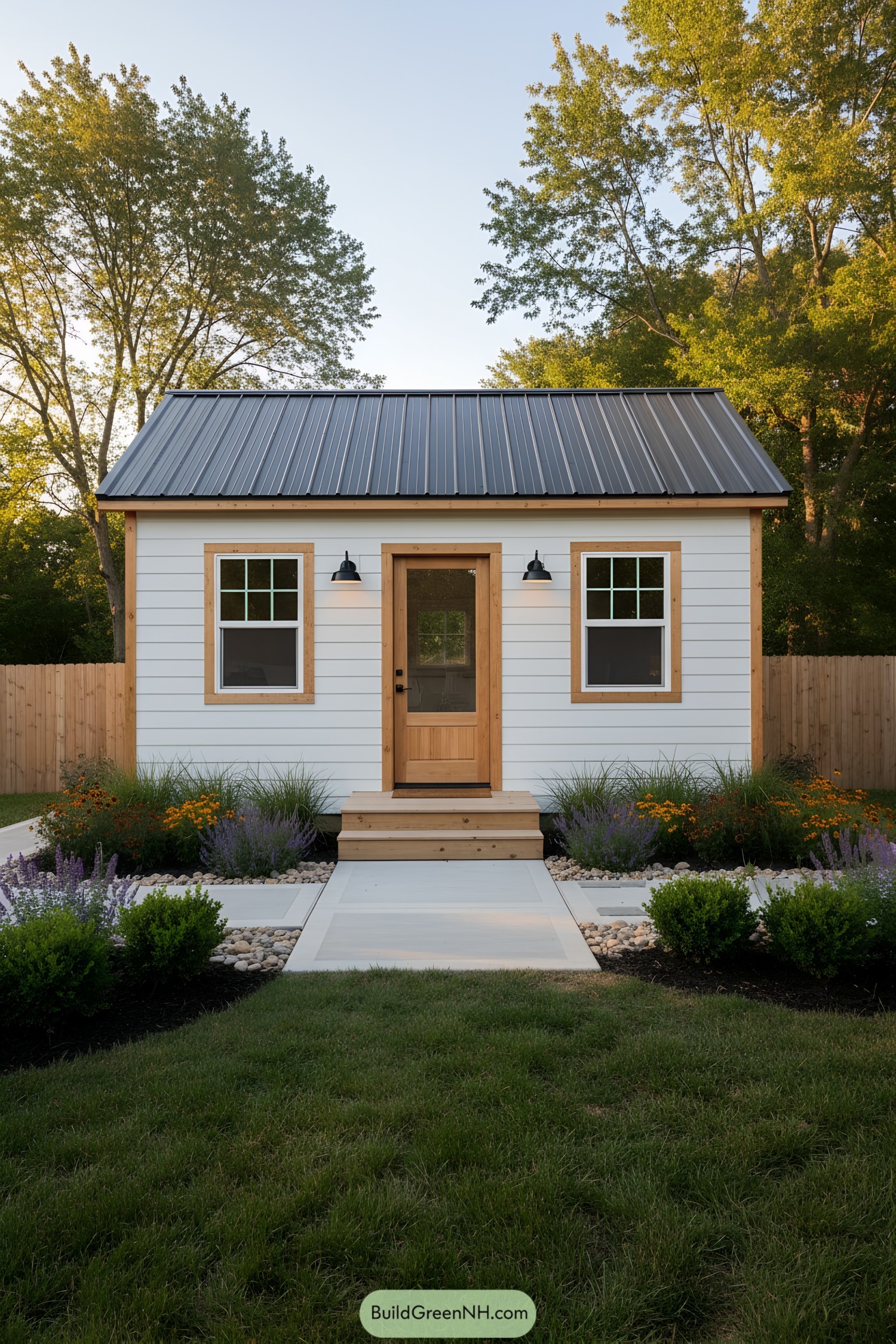 Small white shed office with metal roof, wood trim, and tidy garden path