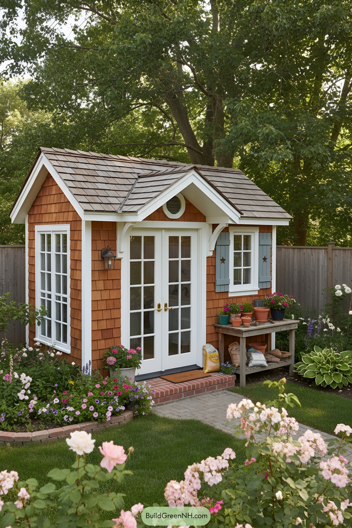 Tiny cedar-shingle studio with white trim and French doors in a flower-filled garden