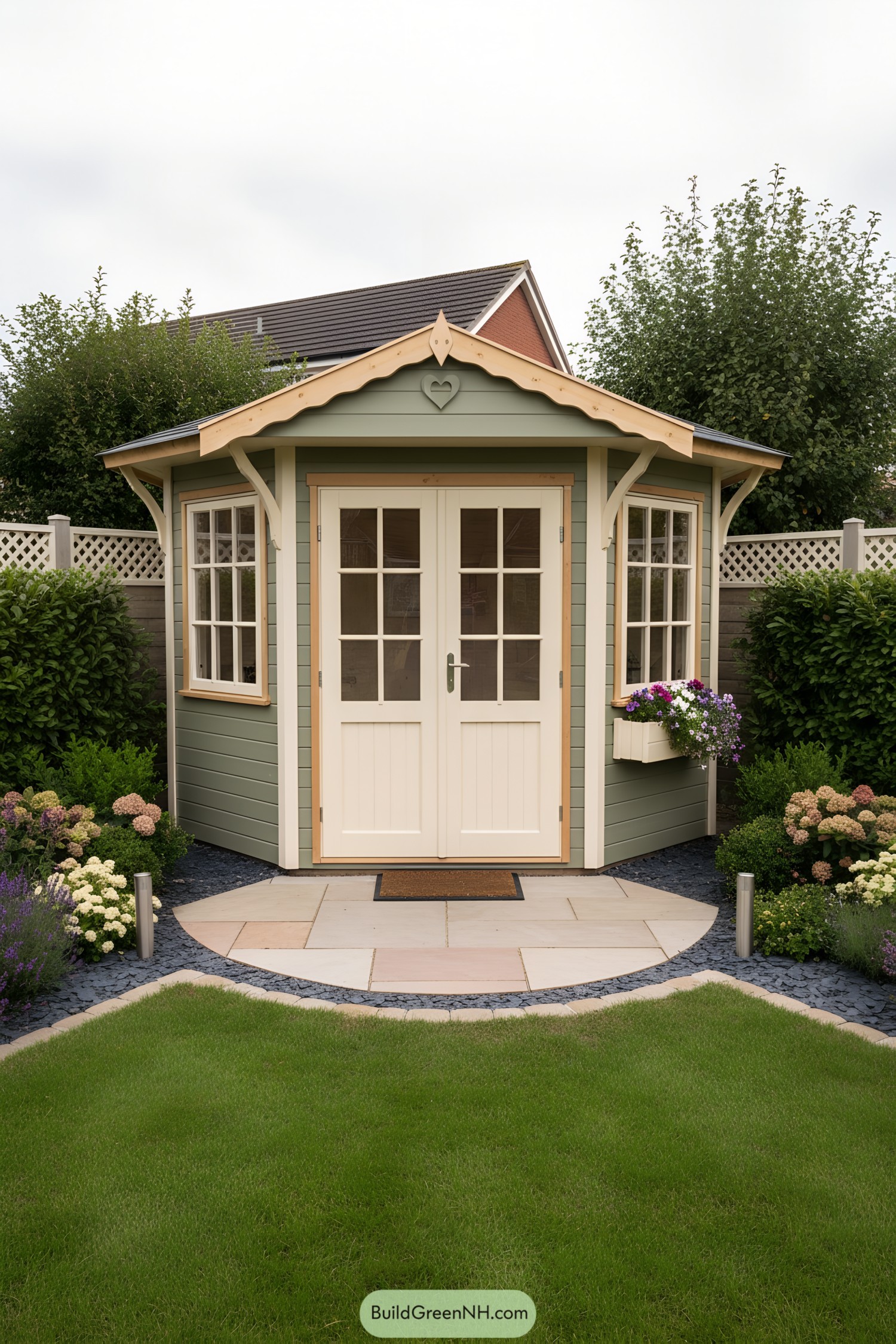 Small sage-green garden office with cream doors, scalloped eaves, and window boxes