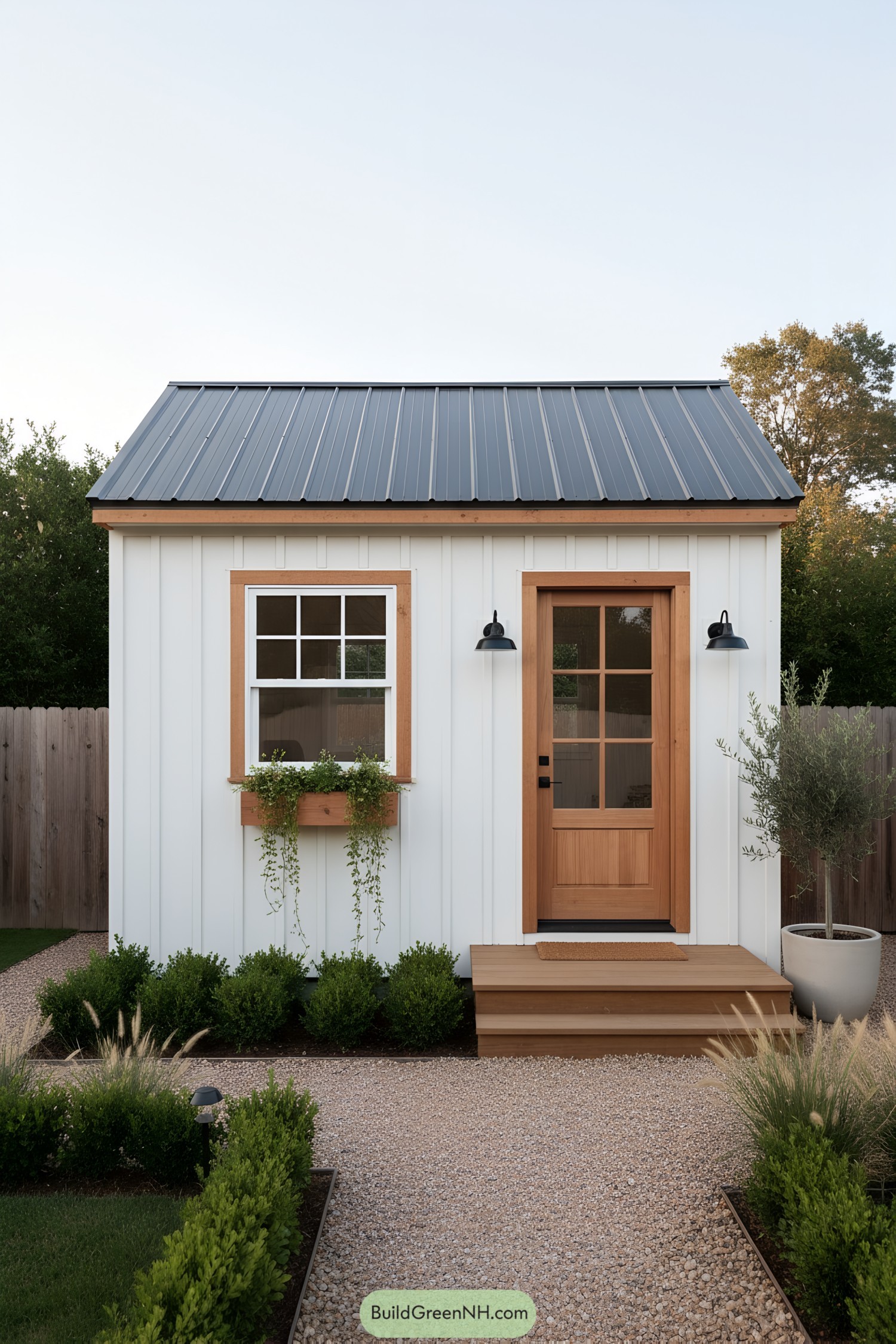 Small white shed with cedar trim, black metal roof, and tidy gravel path