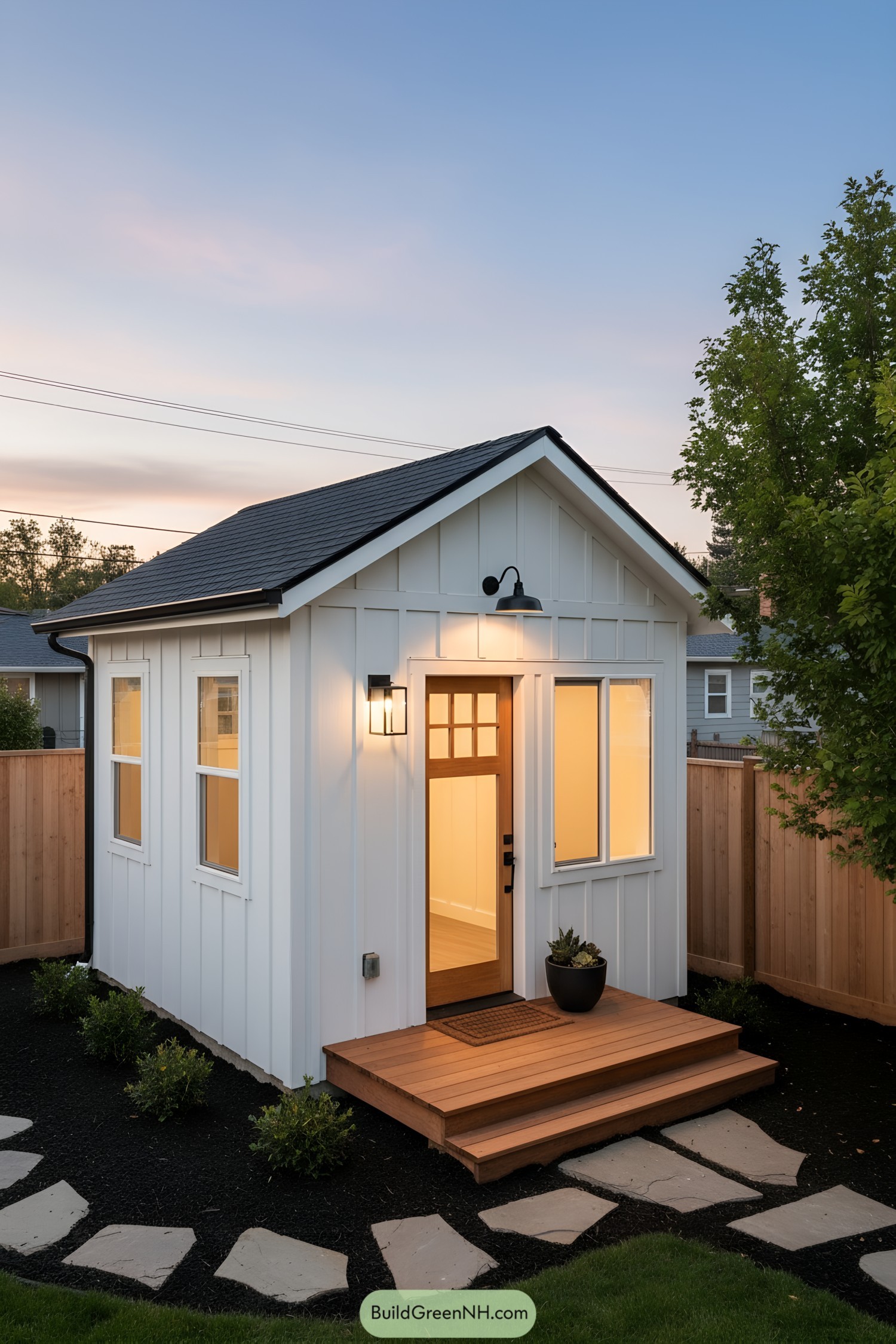 Small white board-and-batten garden studio with wood steps and warm porch lights at dusk