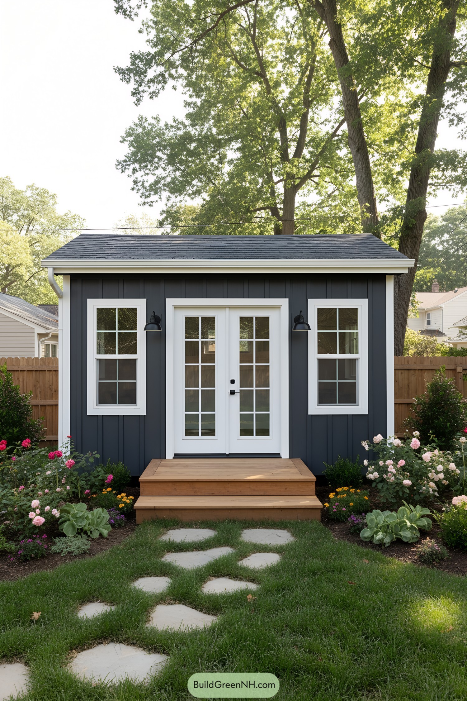 Small dark-blue garden office with white-trimmed French doors and windows, wooden stoop, and flowering borders