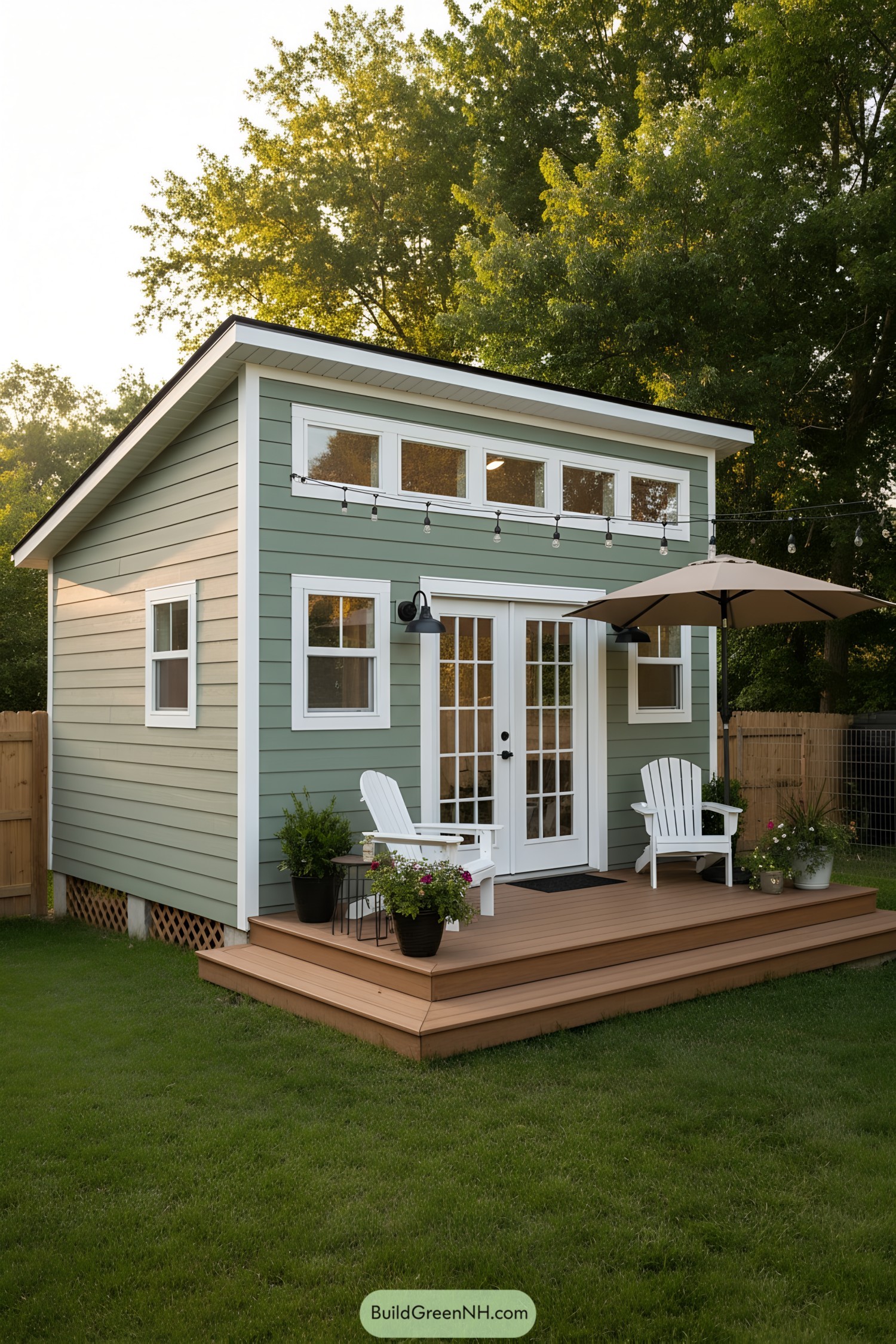 Small green studio with clerestory windows, French doors, and a tidy deck with Adirondack chairs and umbrella