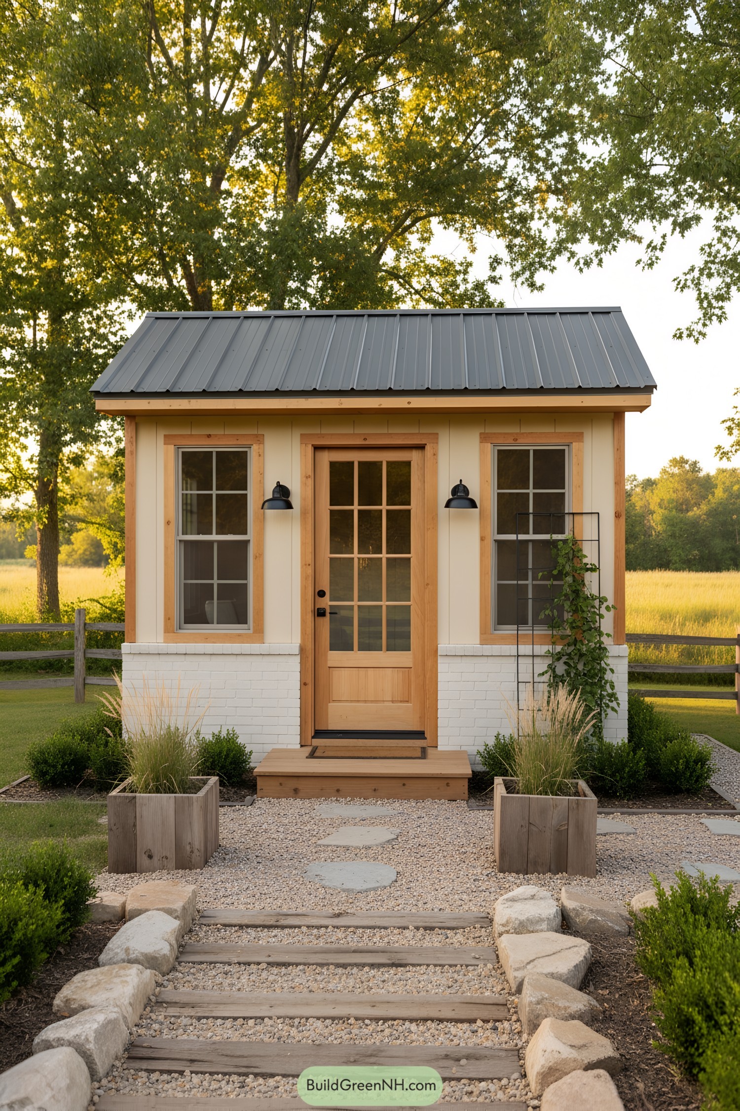 Small cream shed with maple trim, gray metal roof, and gravel path leading to a divided-light door