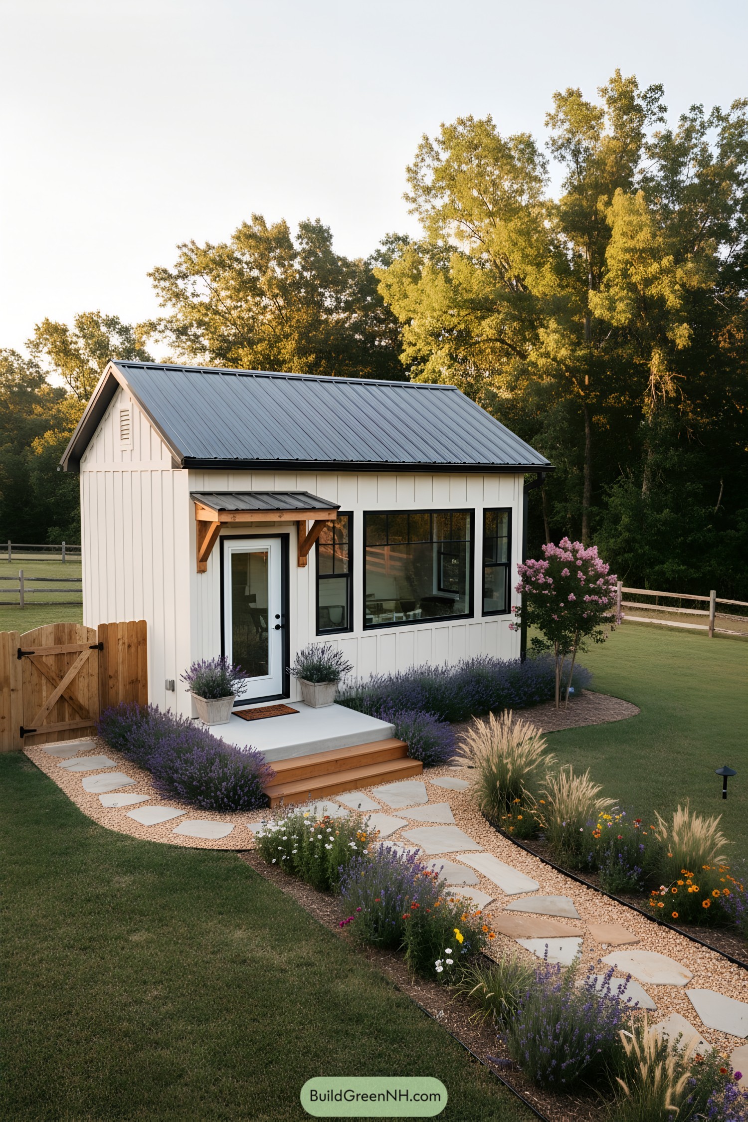 White board-and-batten shed with metal roof and large corner windows, fronted by a stepping-stone path through lavender
