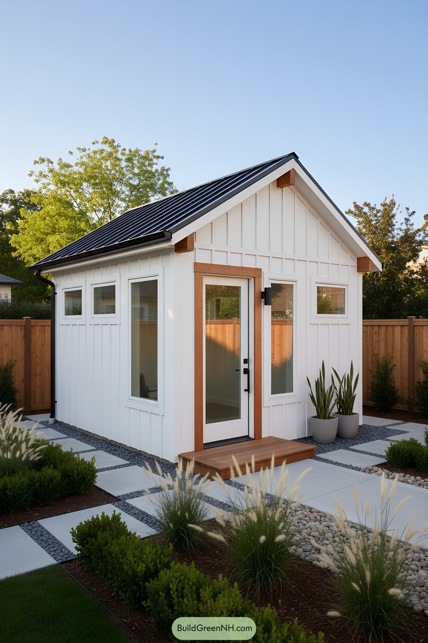 Small white board-and-batten shed with black metal roof, wood-trimmed glass door, and modern landscaping