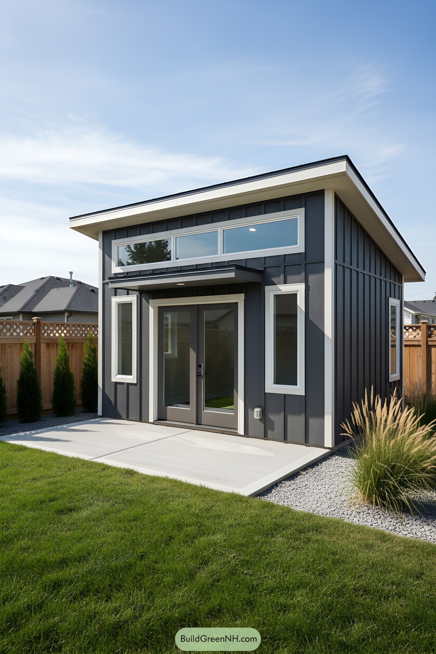 Compact dark-gray shed with clerestory windows and glass double doors