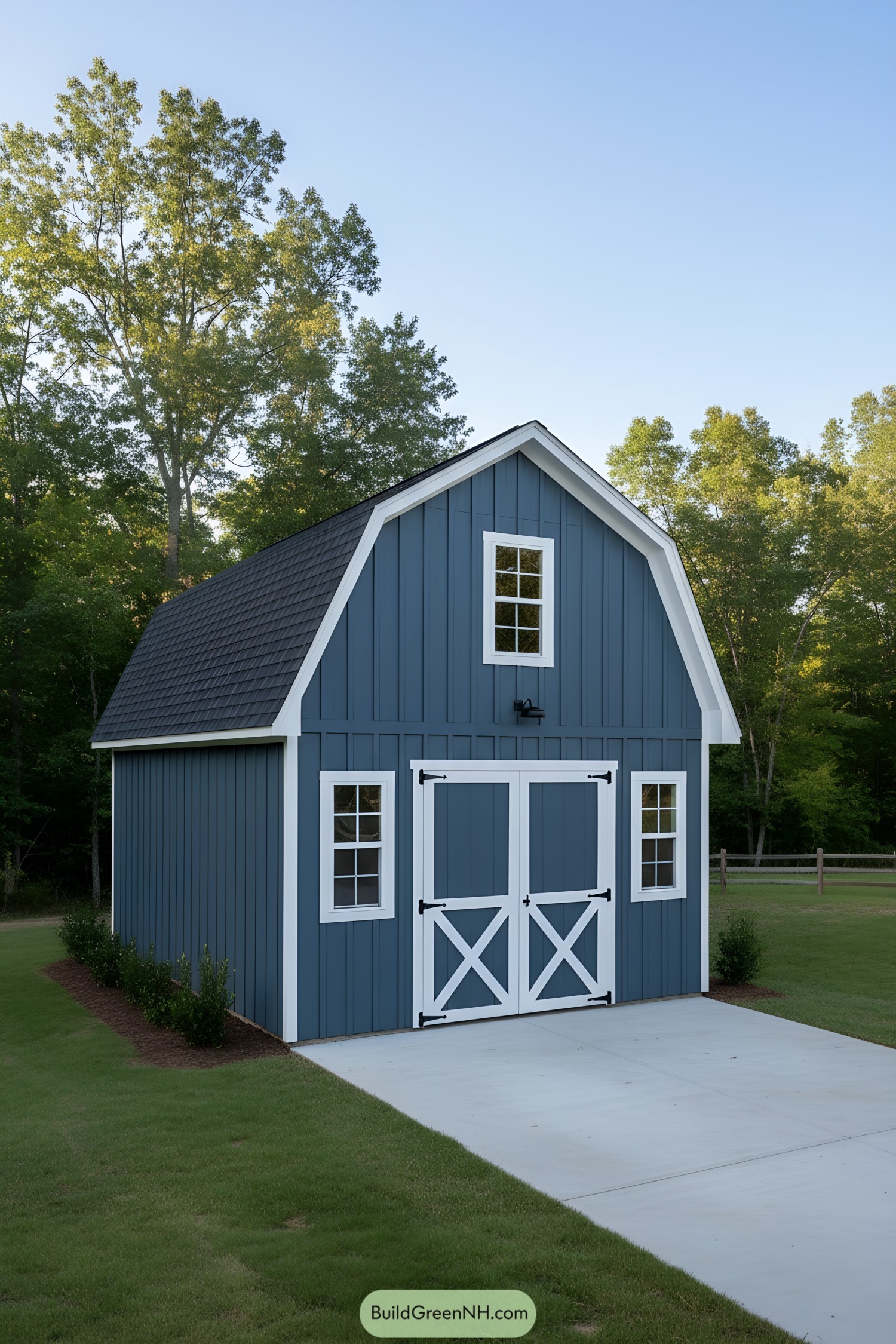 Blue barn-style shed with white trim and loft window