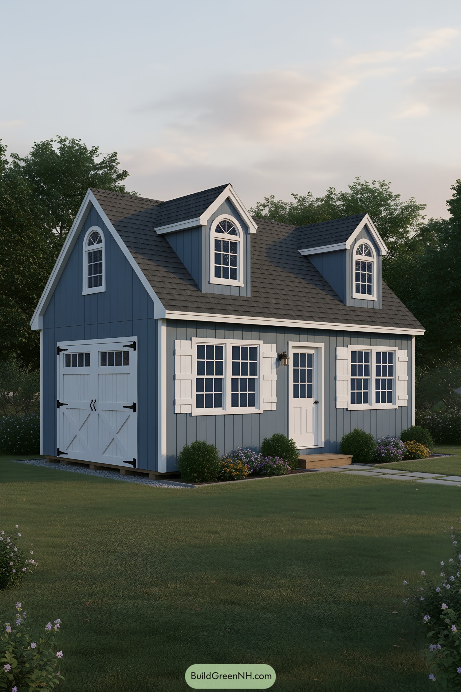 Blue cottage shed with dormers and carriage door