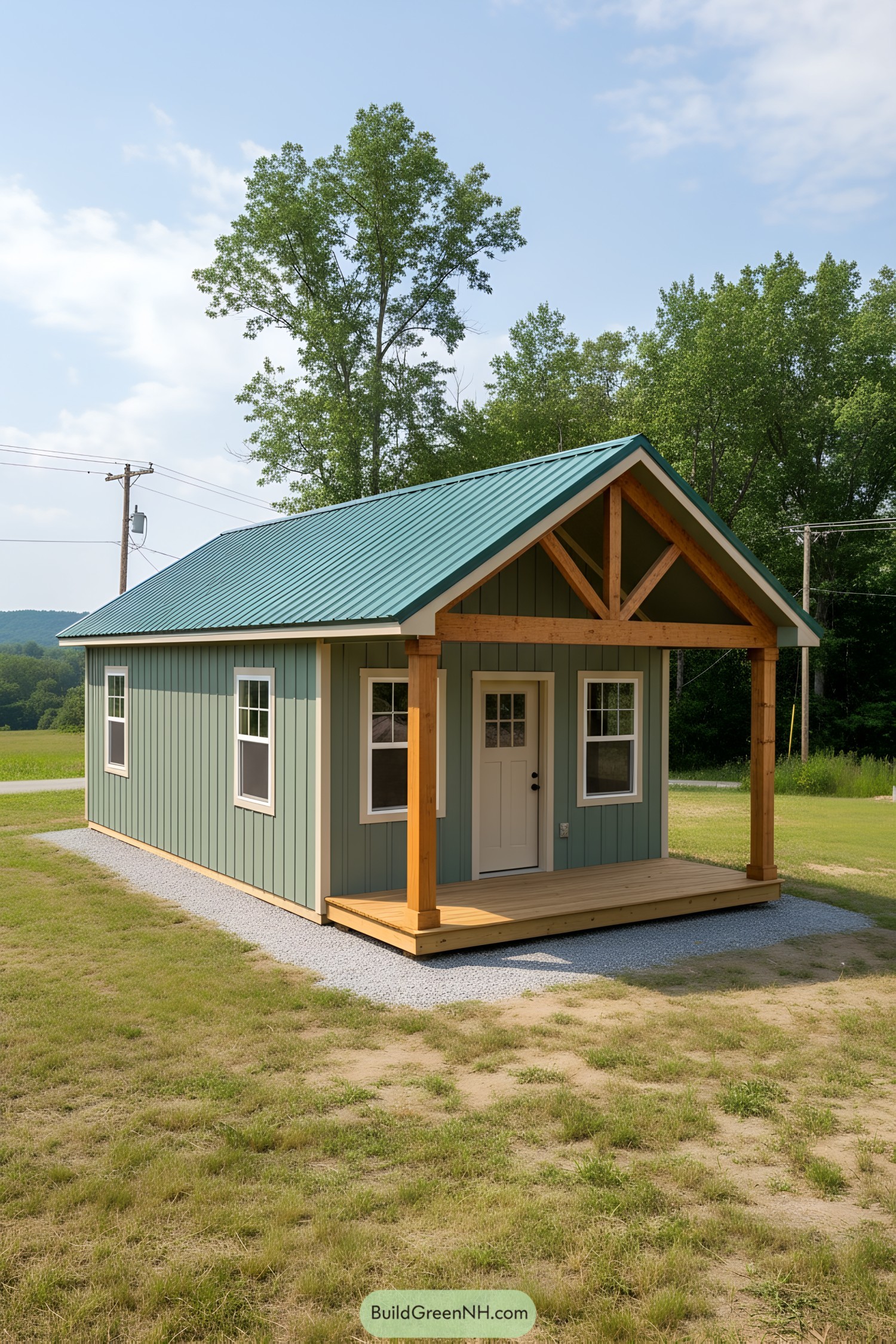 Compact shed-cabin with teal metal roof and timber porch