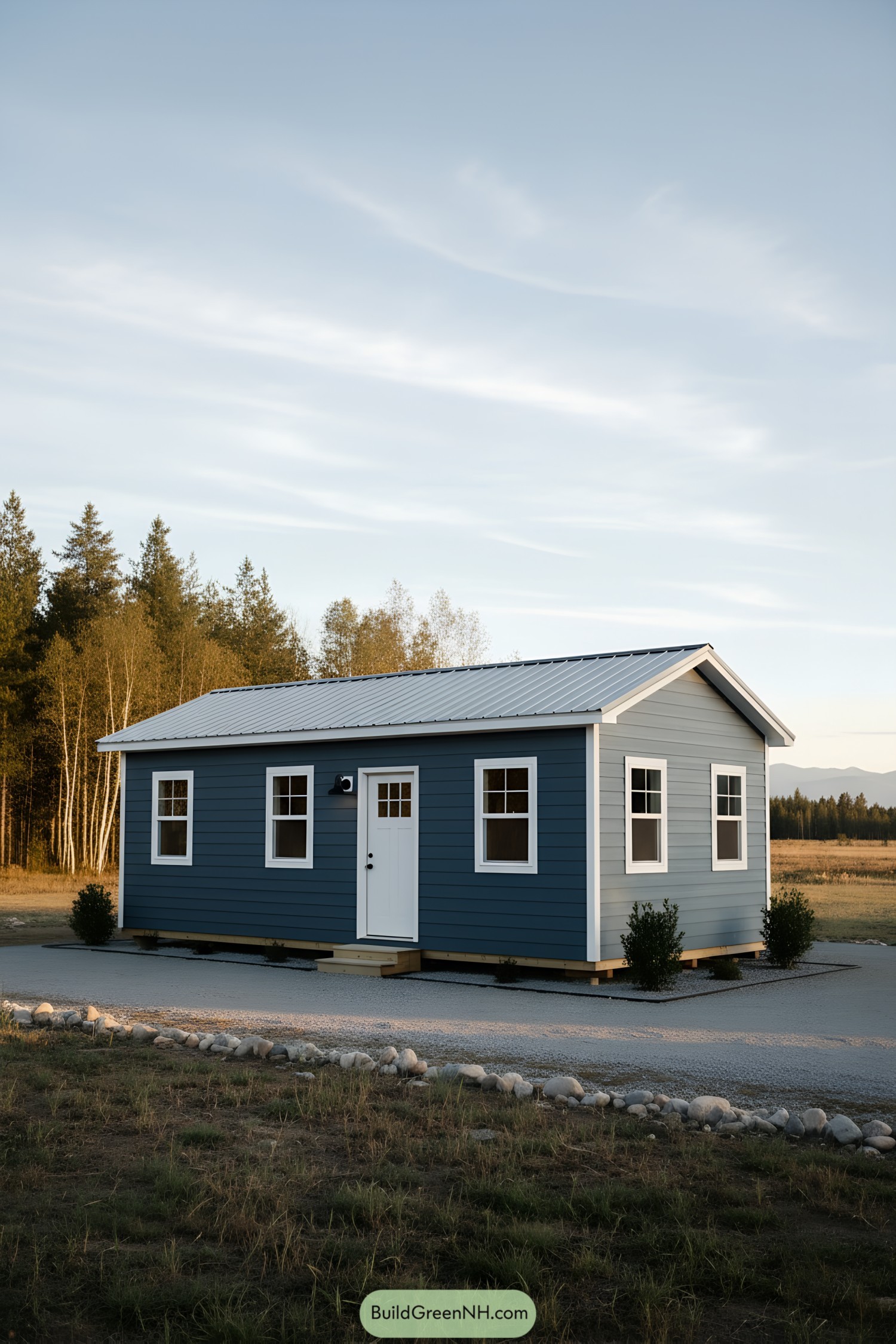 Small blue gable-roof shed home with white trim and simple windows on a gravel pad