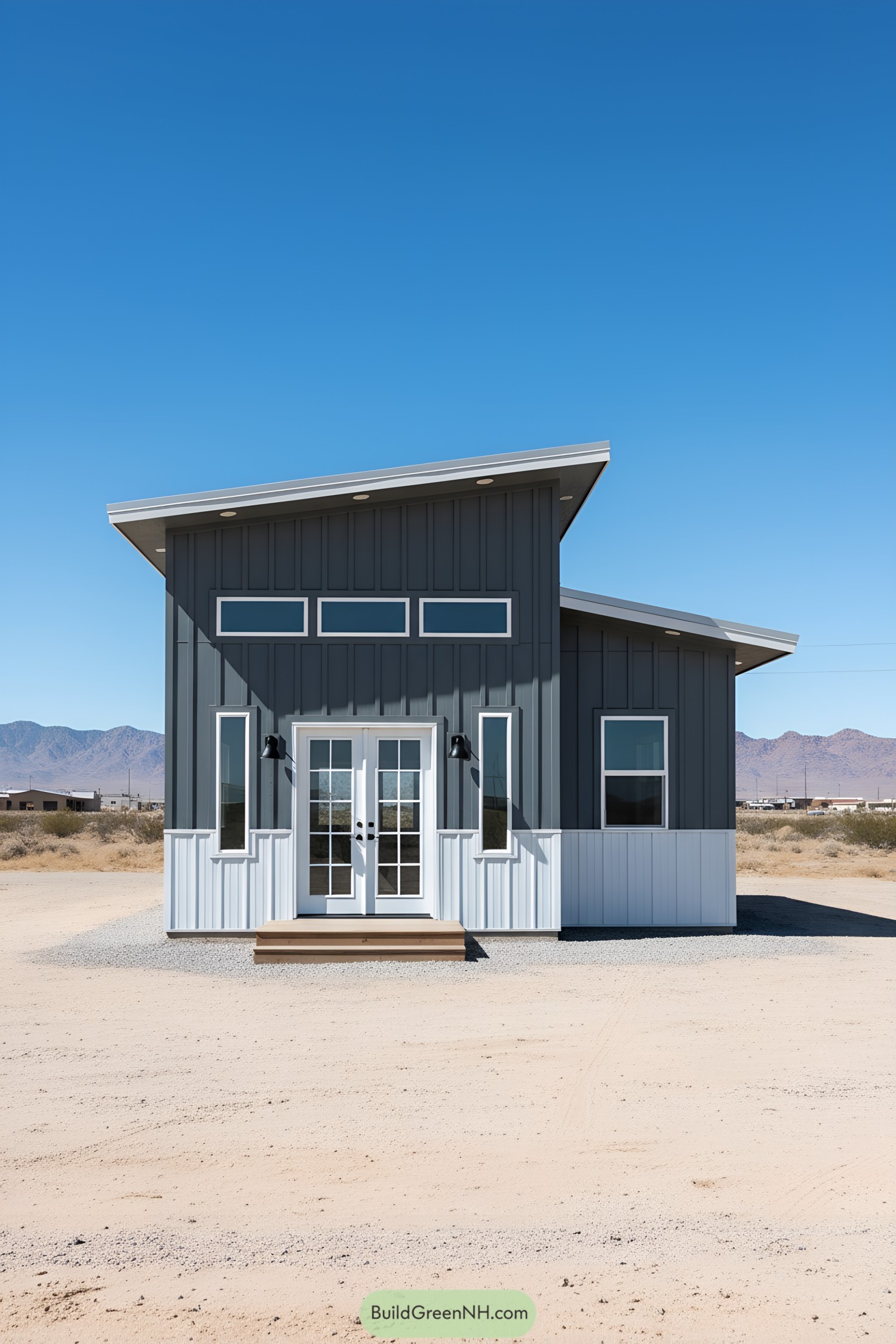 Modern shed home with asymmetrical roof and clerestory windows