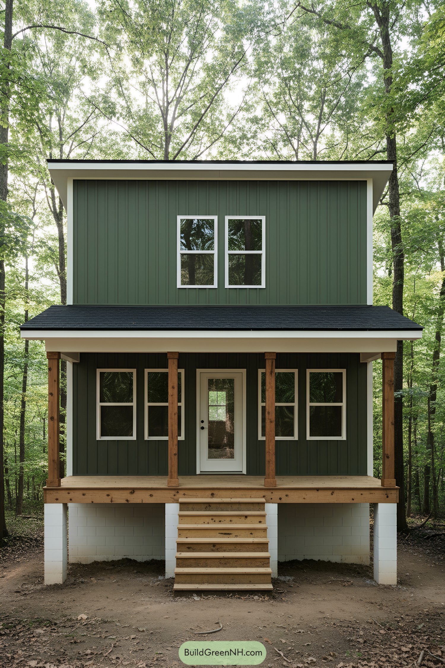 Green two-story shed cabin with porch