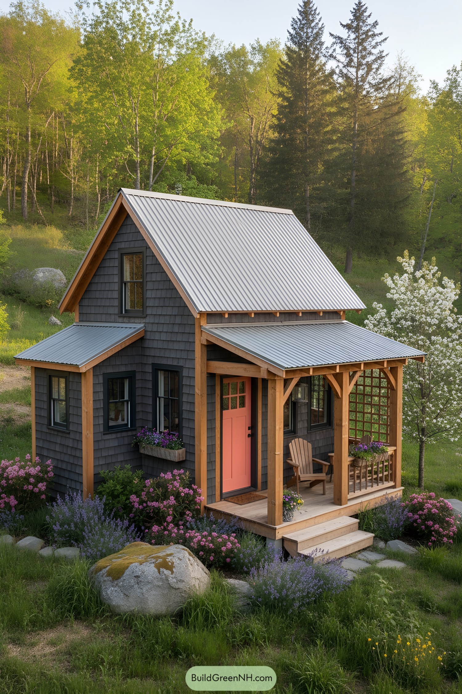 Small gray shingle cabin with tin roof and porch