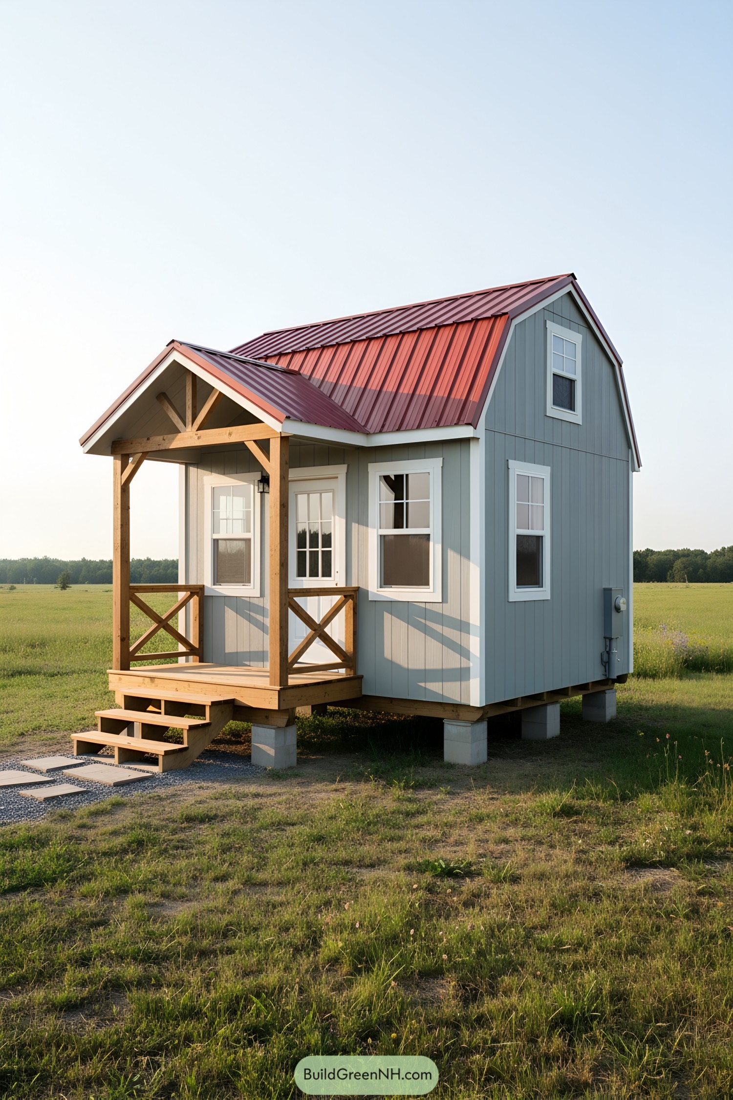 Small gray shed-home with red metal roof and timber porch in an open field