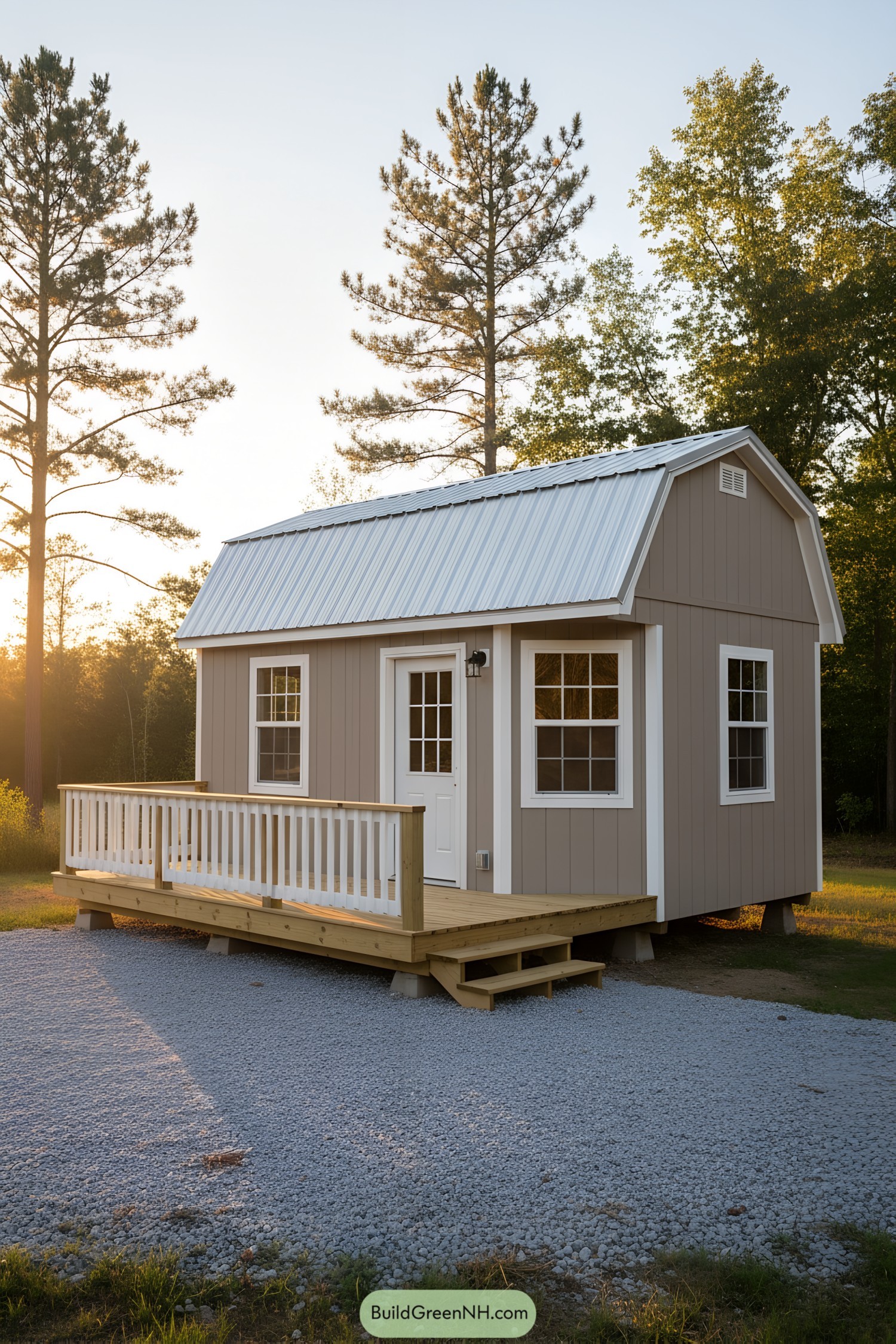 Small shed home with gambrel roof and front porch