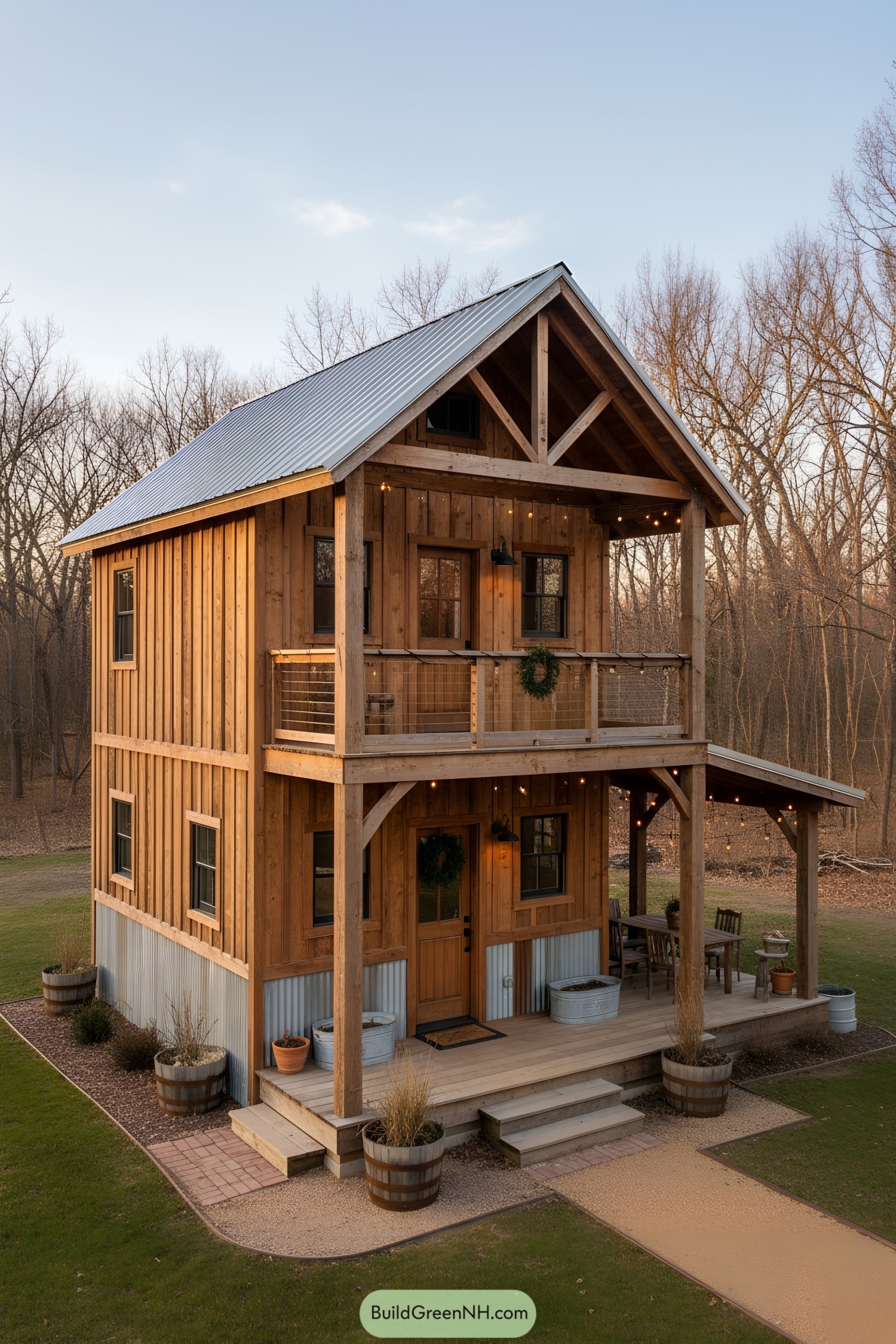 Two-story timber cabin with metal roof and wraparound porch, set in a wooded clearing