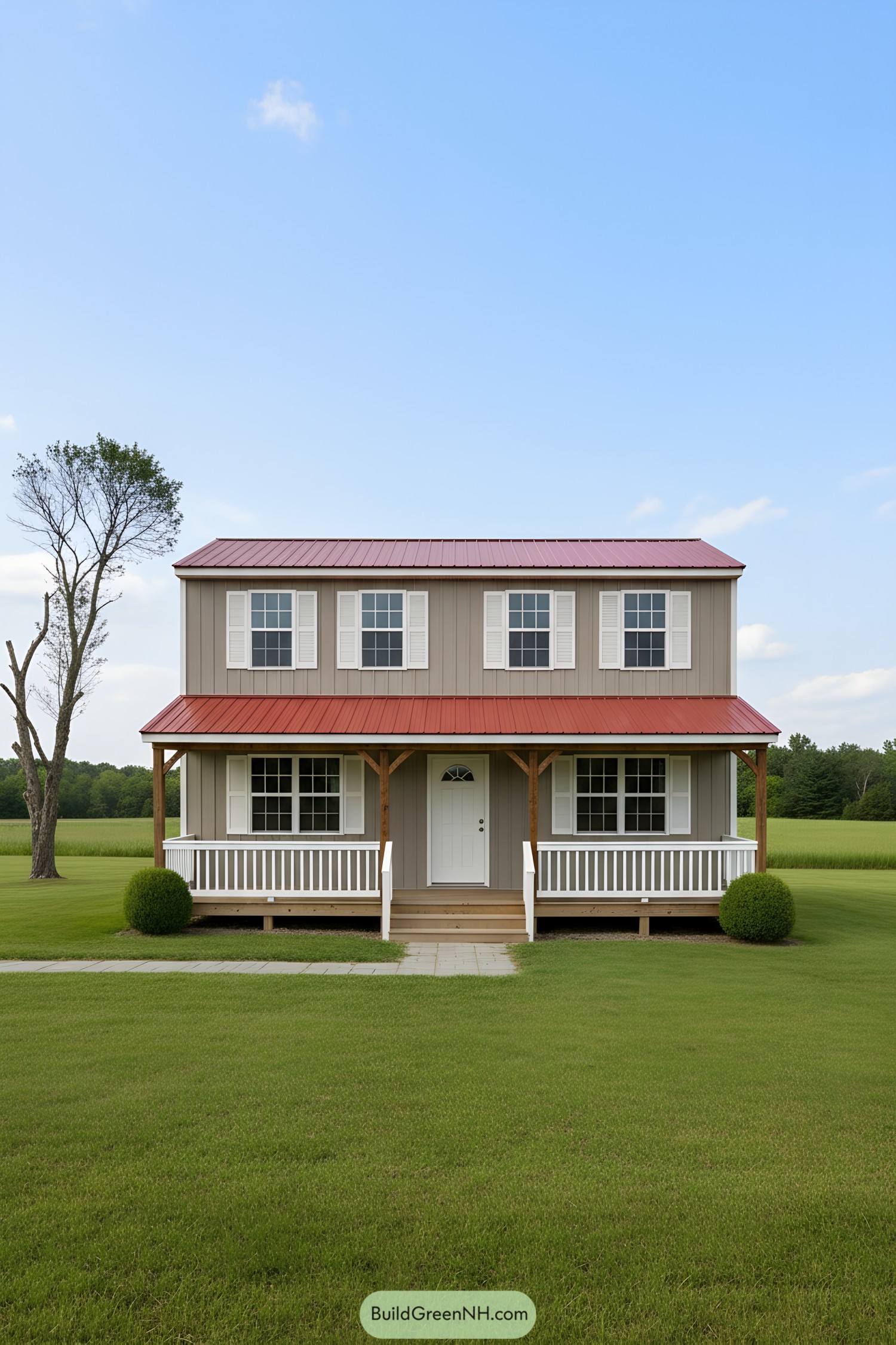 Two-story shed home with red metal roof and wraparound porch