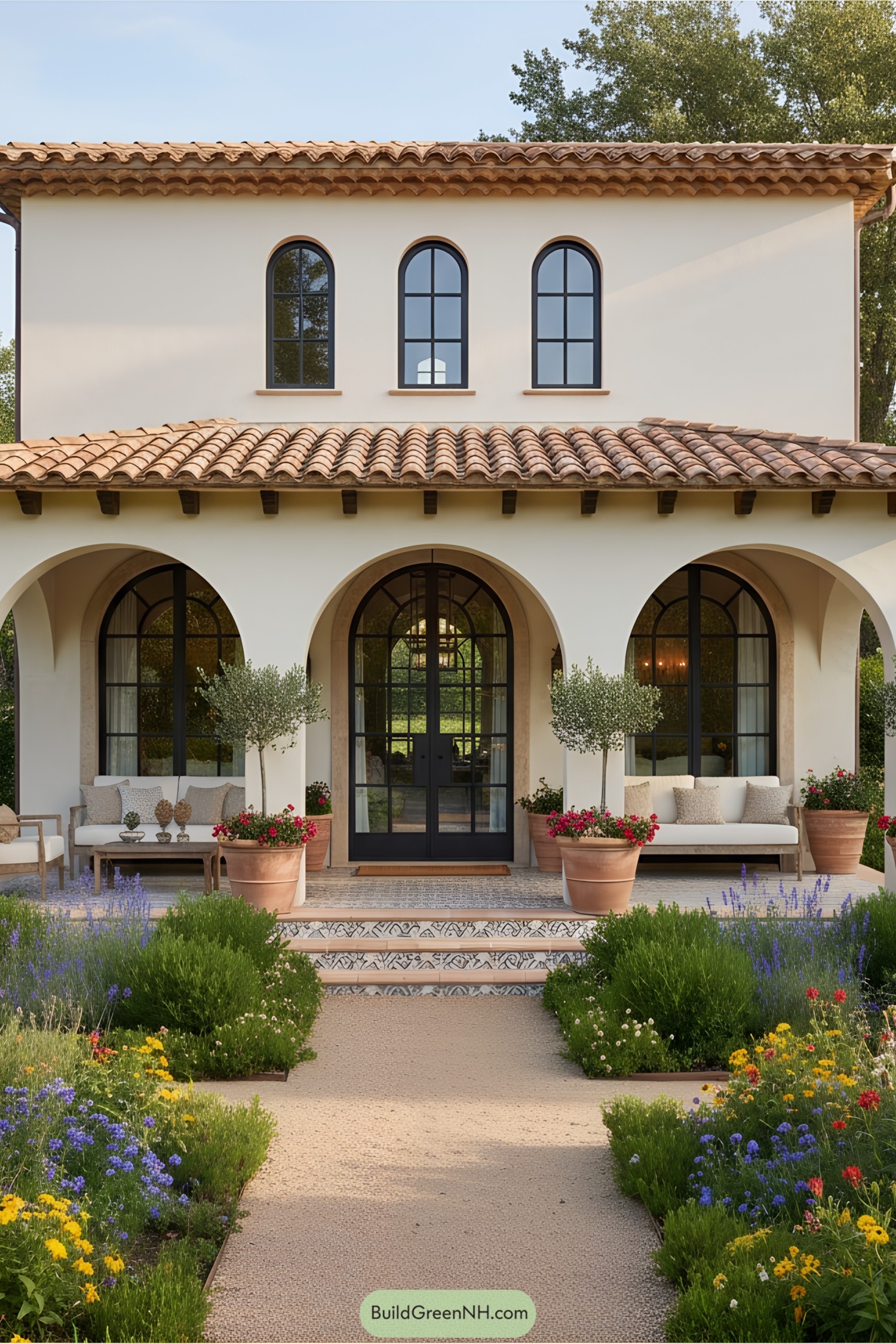 Charming small Mediterranean house with terracotta tiles and arched windows