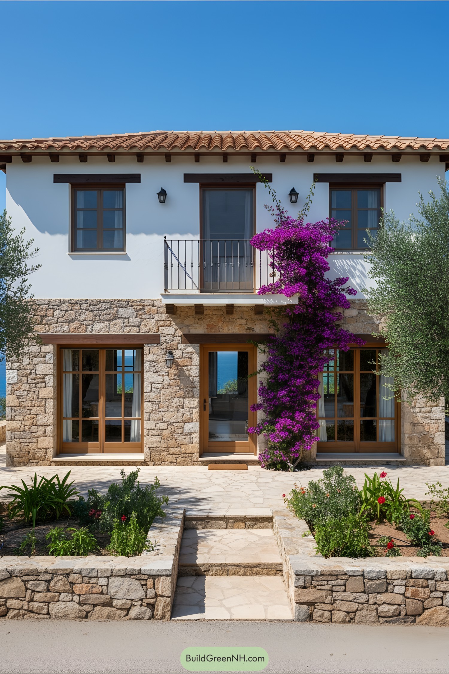 Quaint Mediterranean house with vibrant flowers
