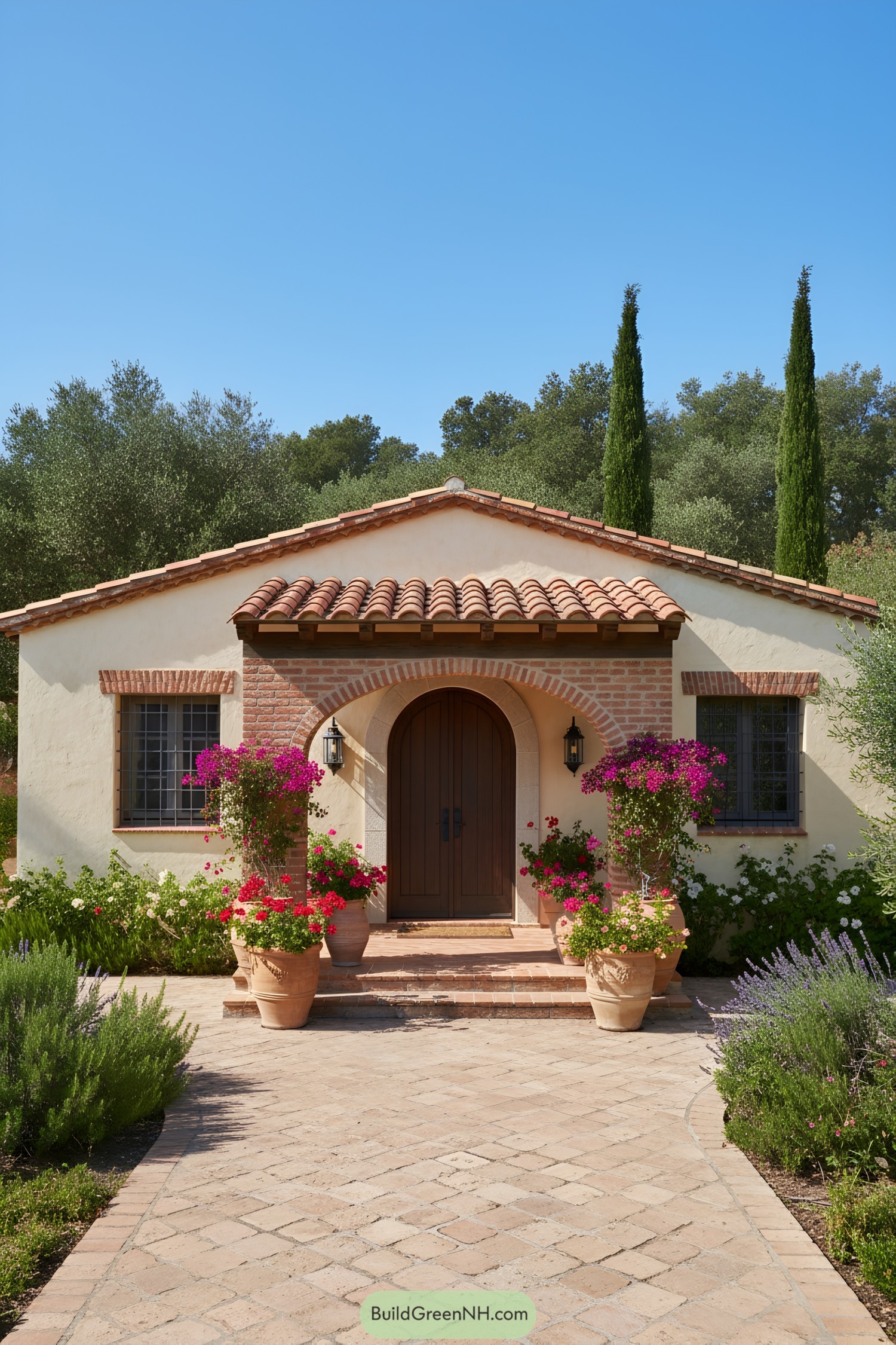 Cozy Mediterranean house with terracotta roof and lush gardens