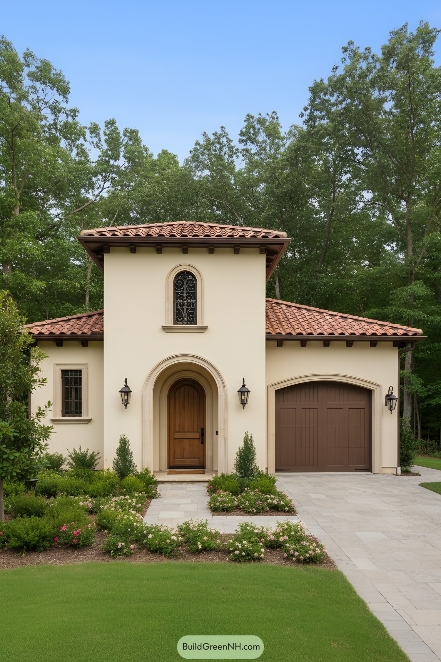 Small Mediterranean-style home with arched door and lush greenery