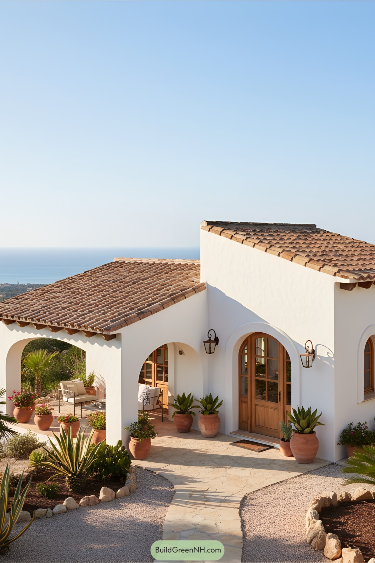 Small white Mediterranean house with terracotta roof