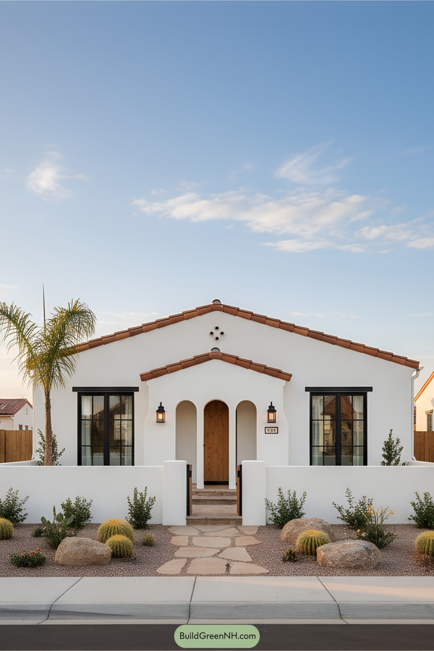 White house with terracotta roof and desert landscaping