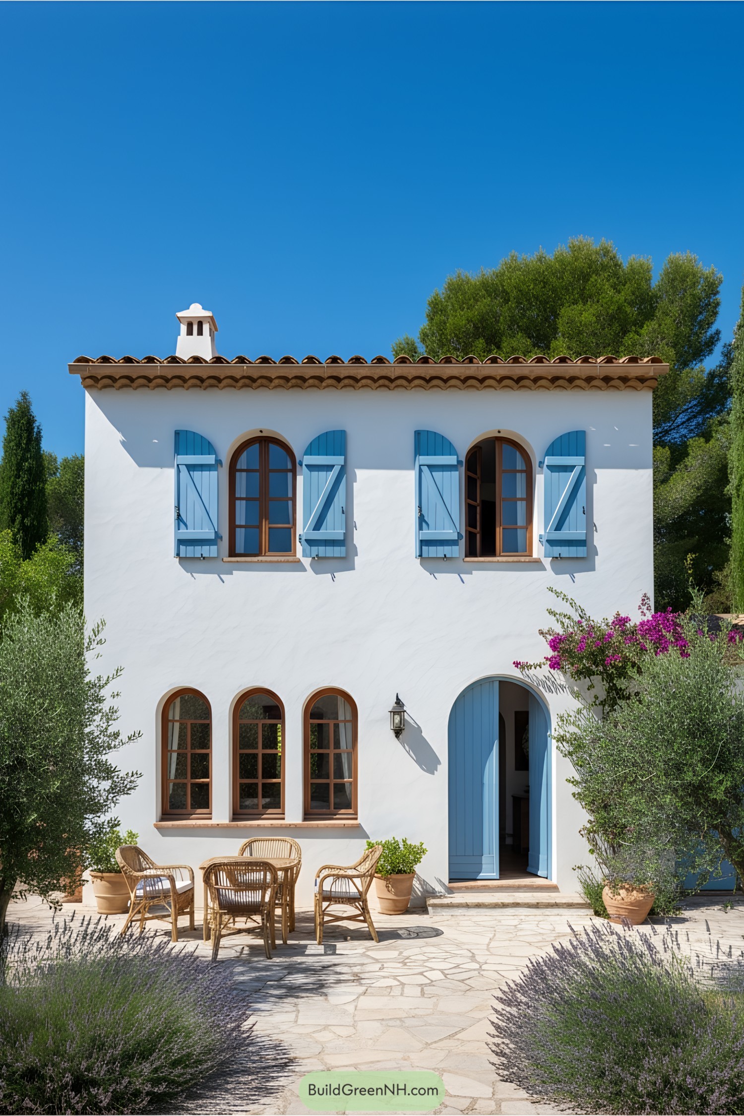 Small white Mediterranean house with blue shutters and a terracotta roof