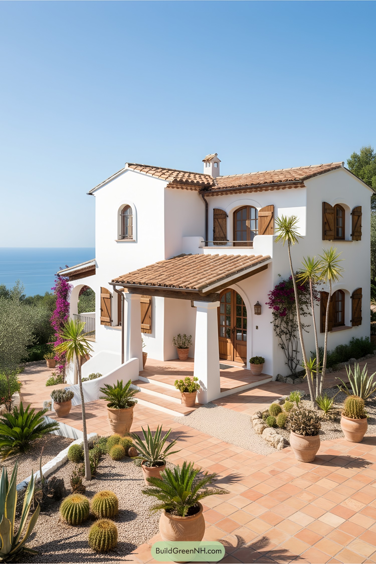 White Mediterranean house with terracotta roof and sea view